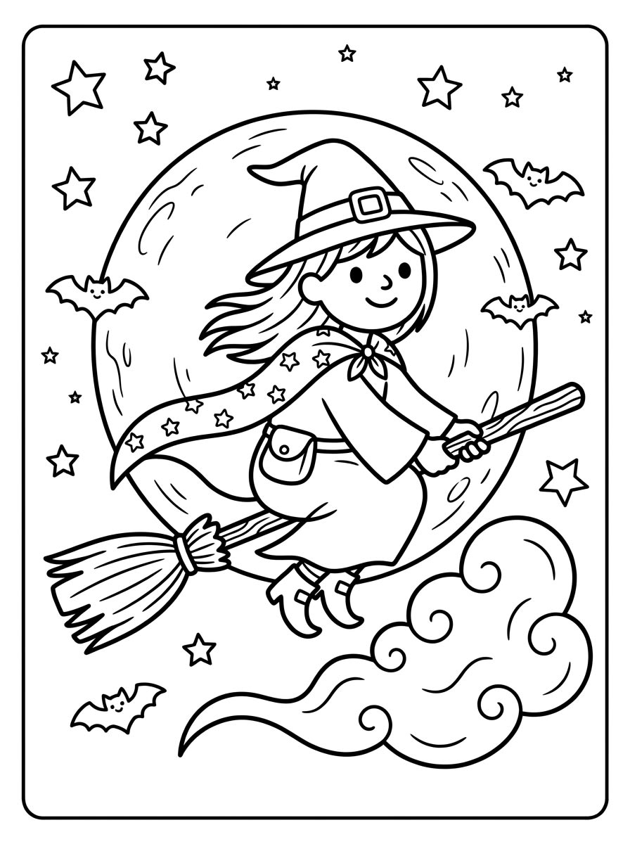 Medium Witch Flying Moon coloring page