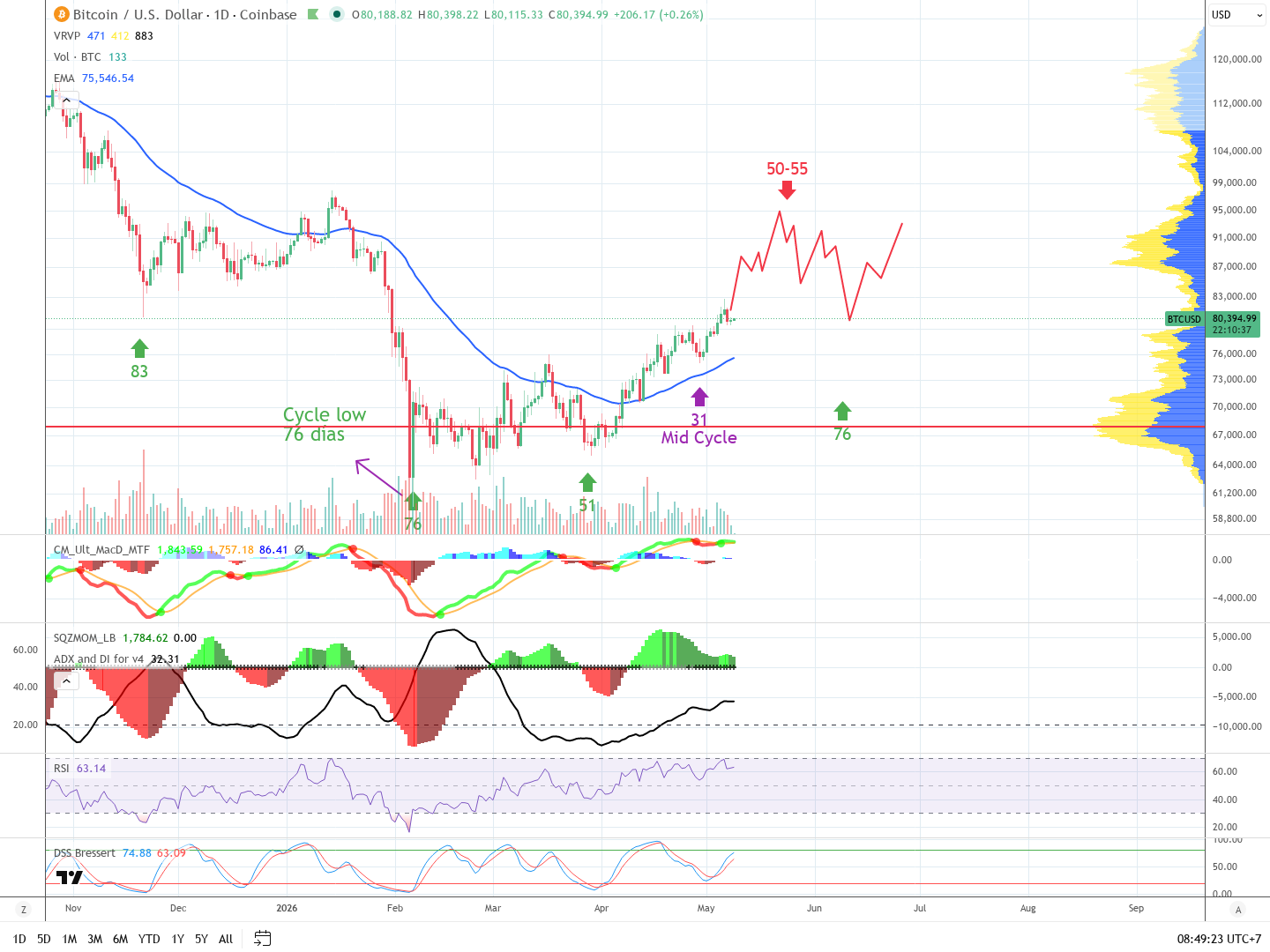 Gráfica diaria de BTC con ciclos y proyección
