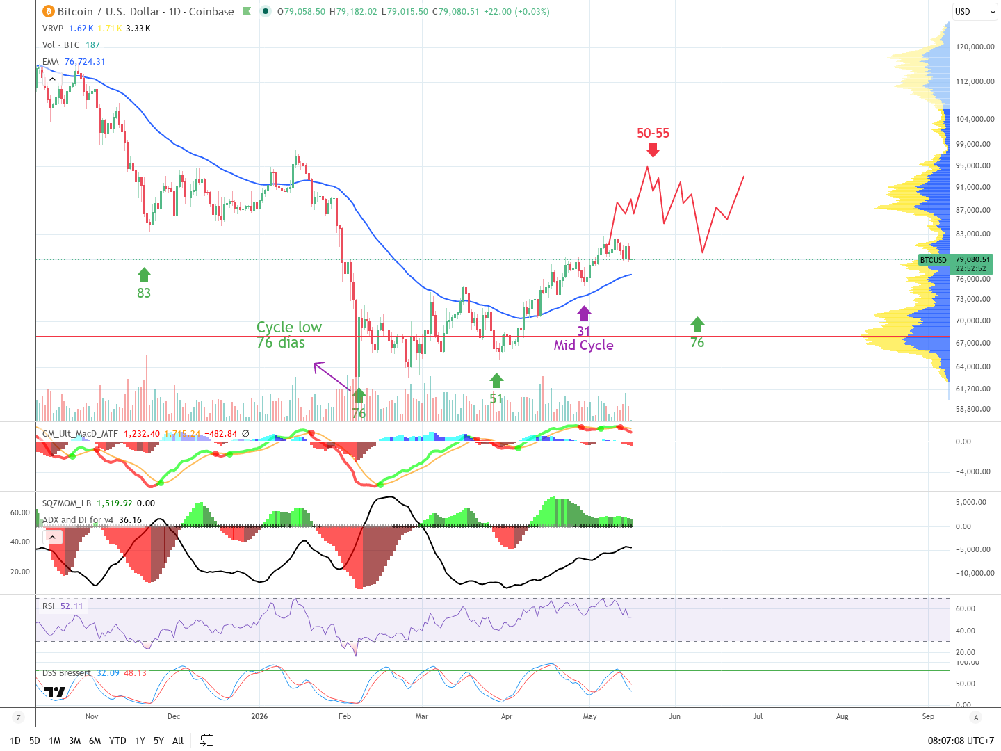 Gráfico diario con el cycle low de 51 días, mid cycle y la ventana del próximo low