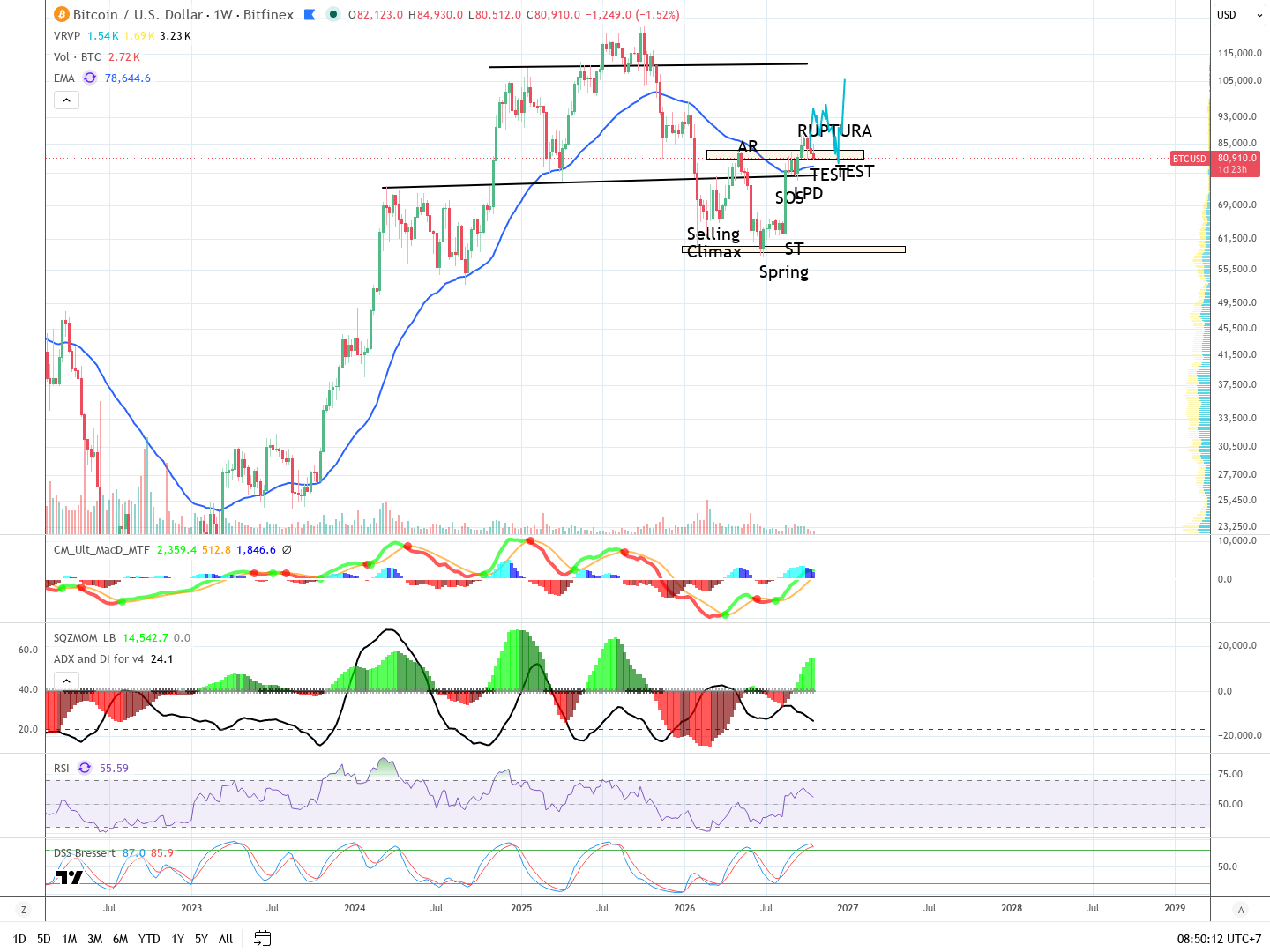 Gráfico semanal con el rango de acumulación de este año: selling climax, automatic rally, spring, secondary test, señal de fuerza, last point of demand, test, la ruptura y la proyección hacia arriba