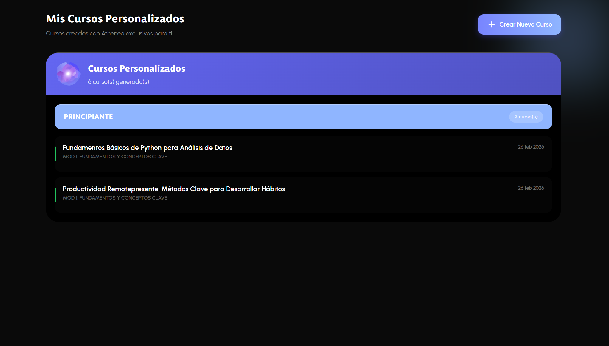 Temario de cursos personalizados organizados por niveles y módulos en ATHENIS SUITE