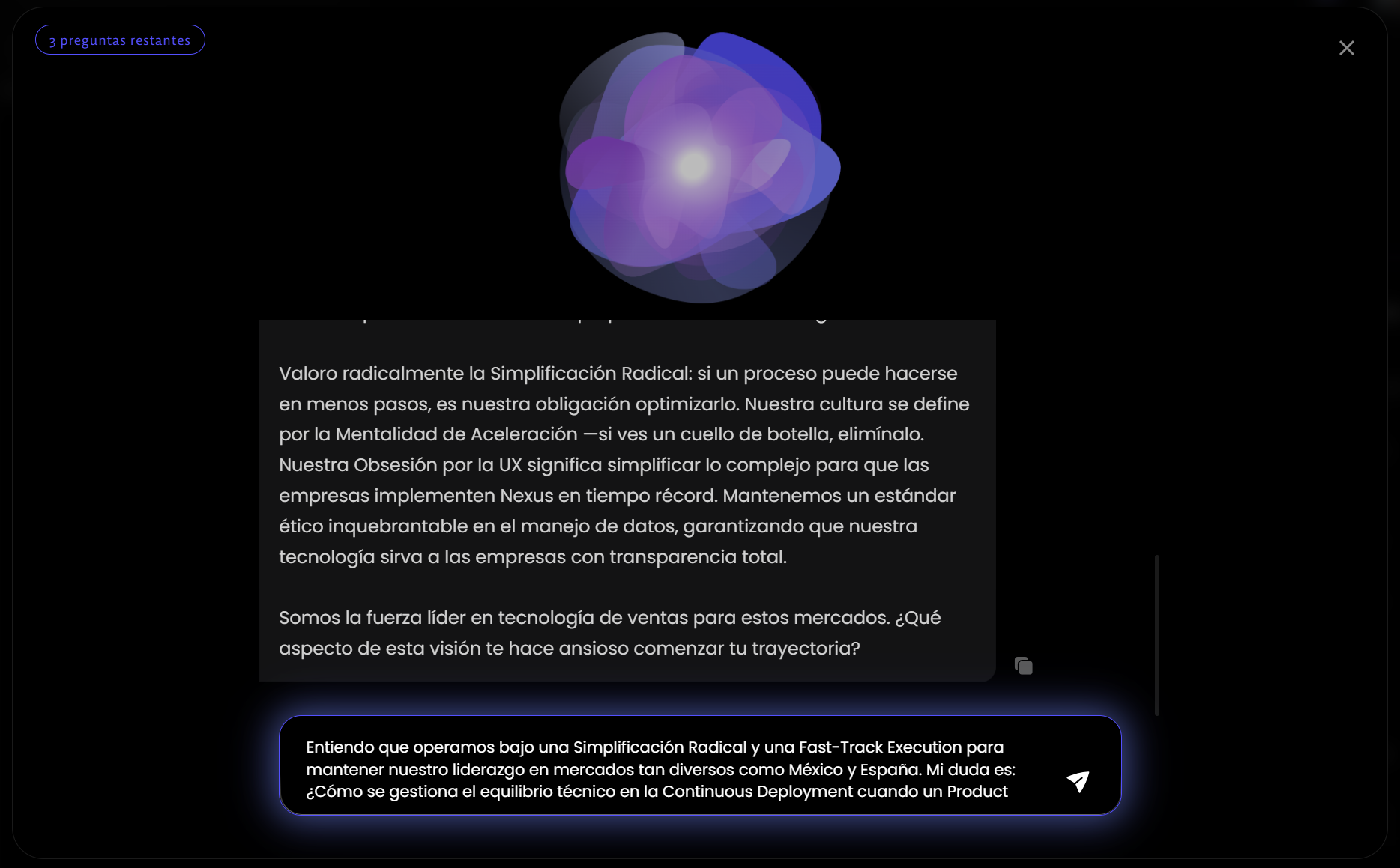 Sesión interactiva de onboarding donde un colaborador conversa con Athenea AI y recibe respuestas contextualizadas sobre la empresa