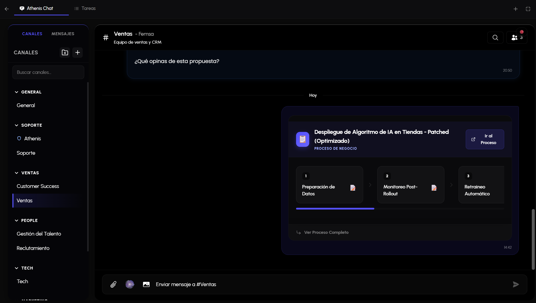 Flujo de procesos e integración rica de activos de la Suite en Athenis Chat