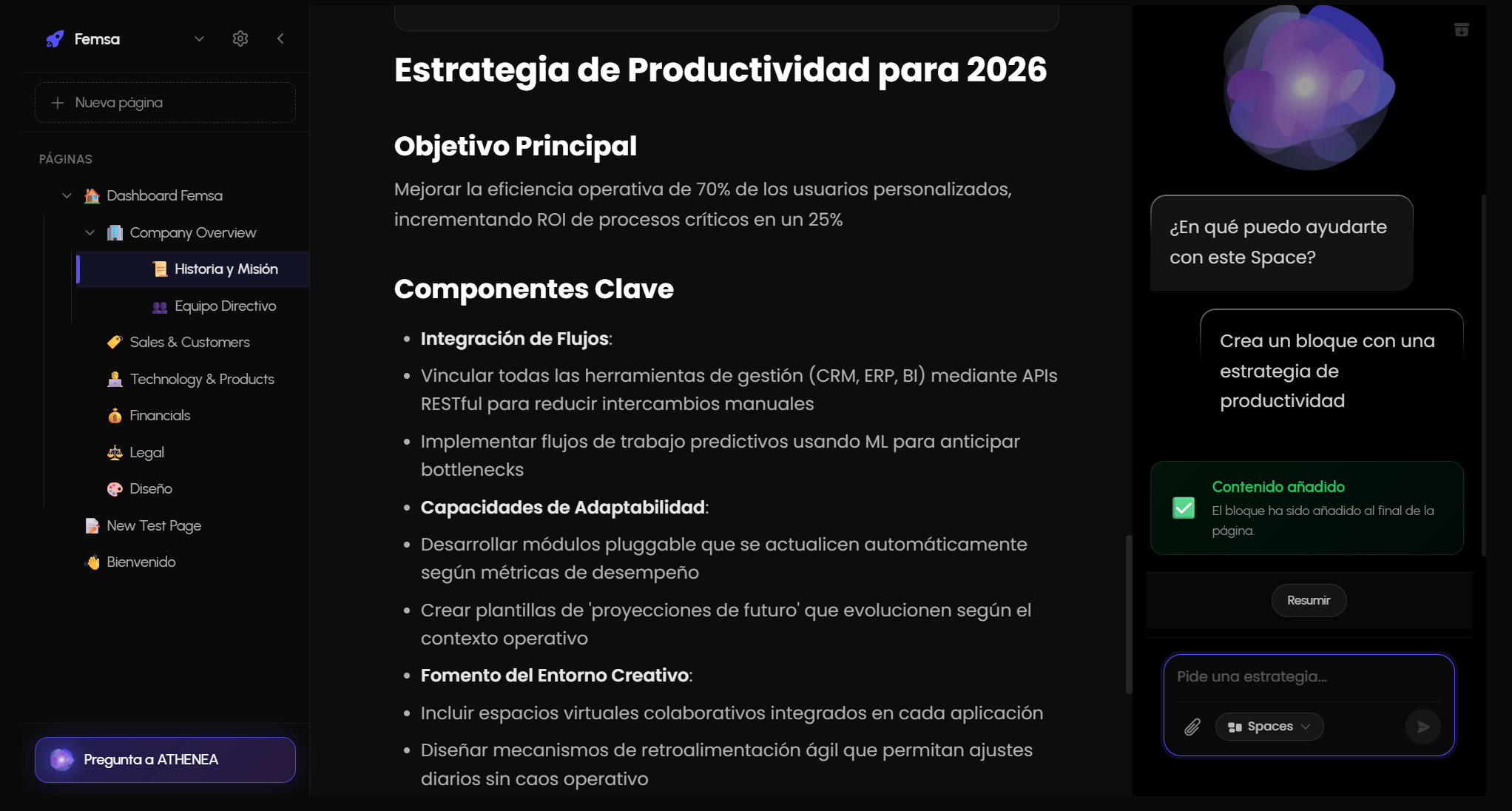 Athenea insertando automáticamente estrategias de productividad en el Workspace de Spaces