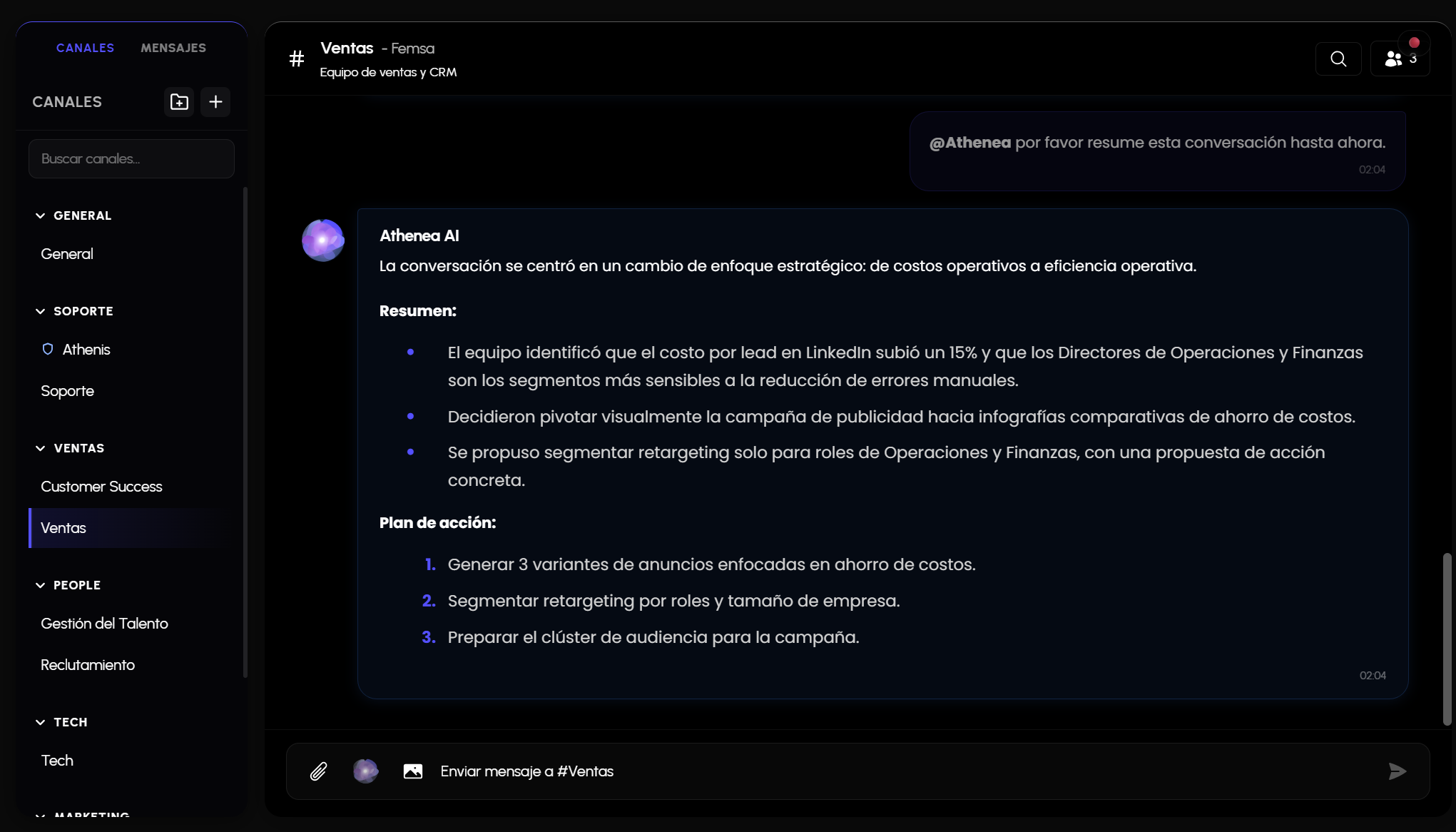 Athenea generando un resumen ejecutivo estructurado de lo discutido en el canal