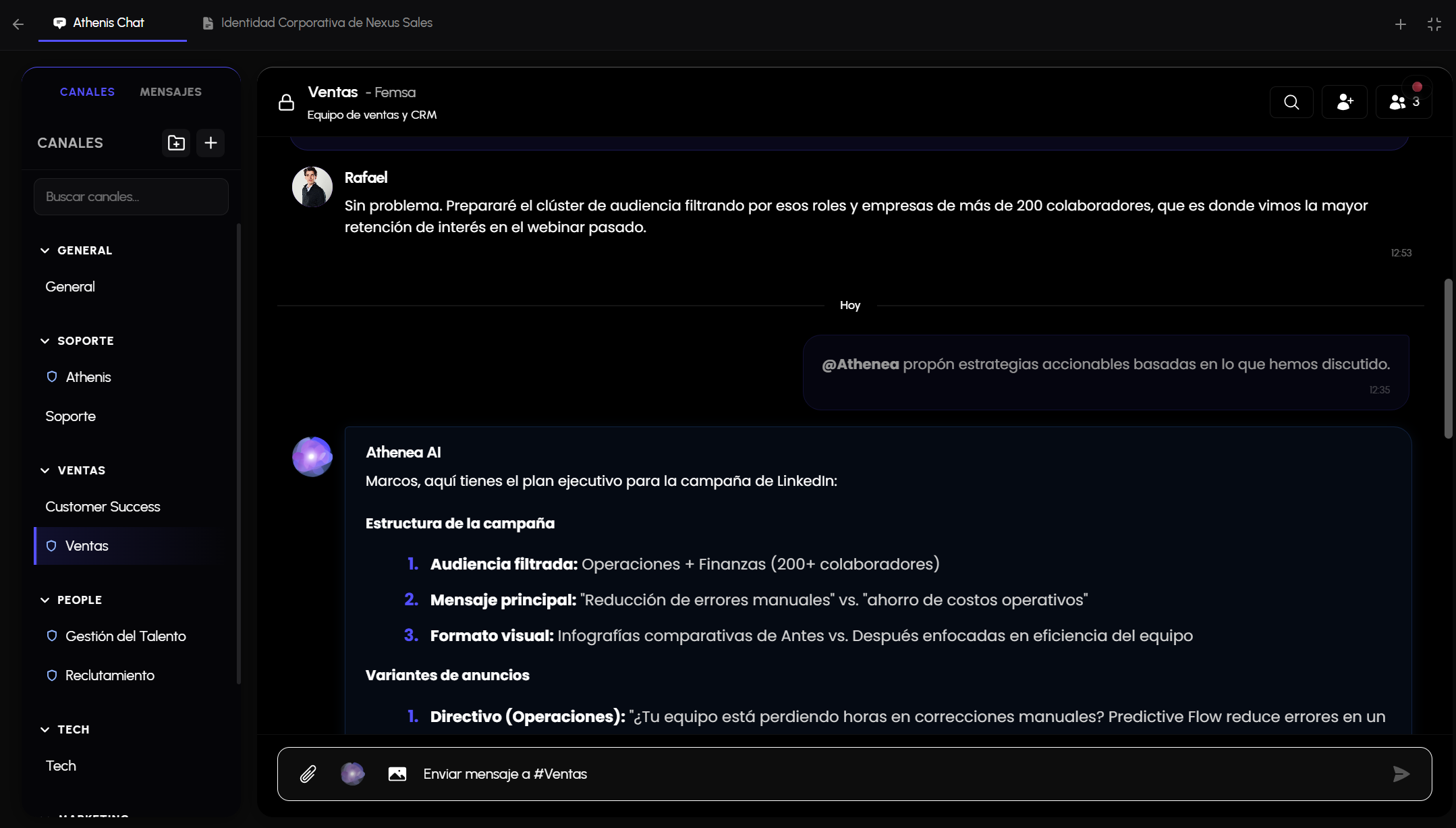 Athenea diseñando estrategias de negocio usando el contexto del canal
