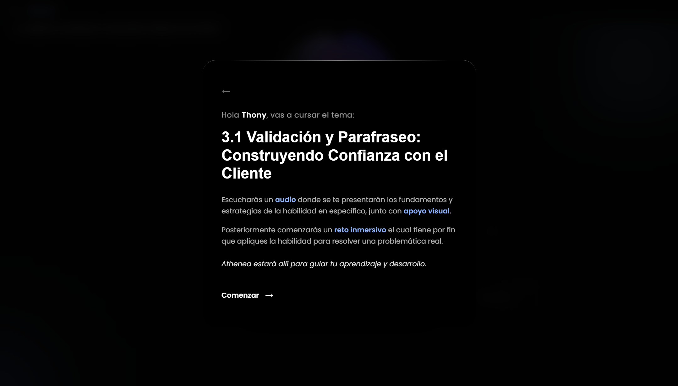Inicio del curso y audio de fundamentos en el aprendizaje inmersivo de ATHENIS AI
