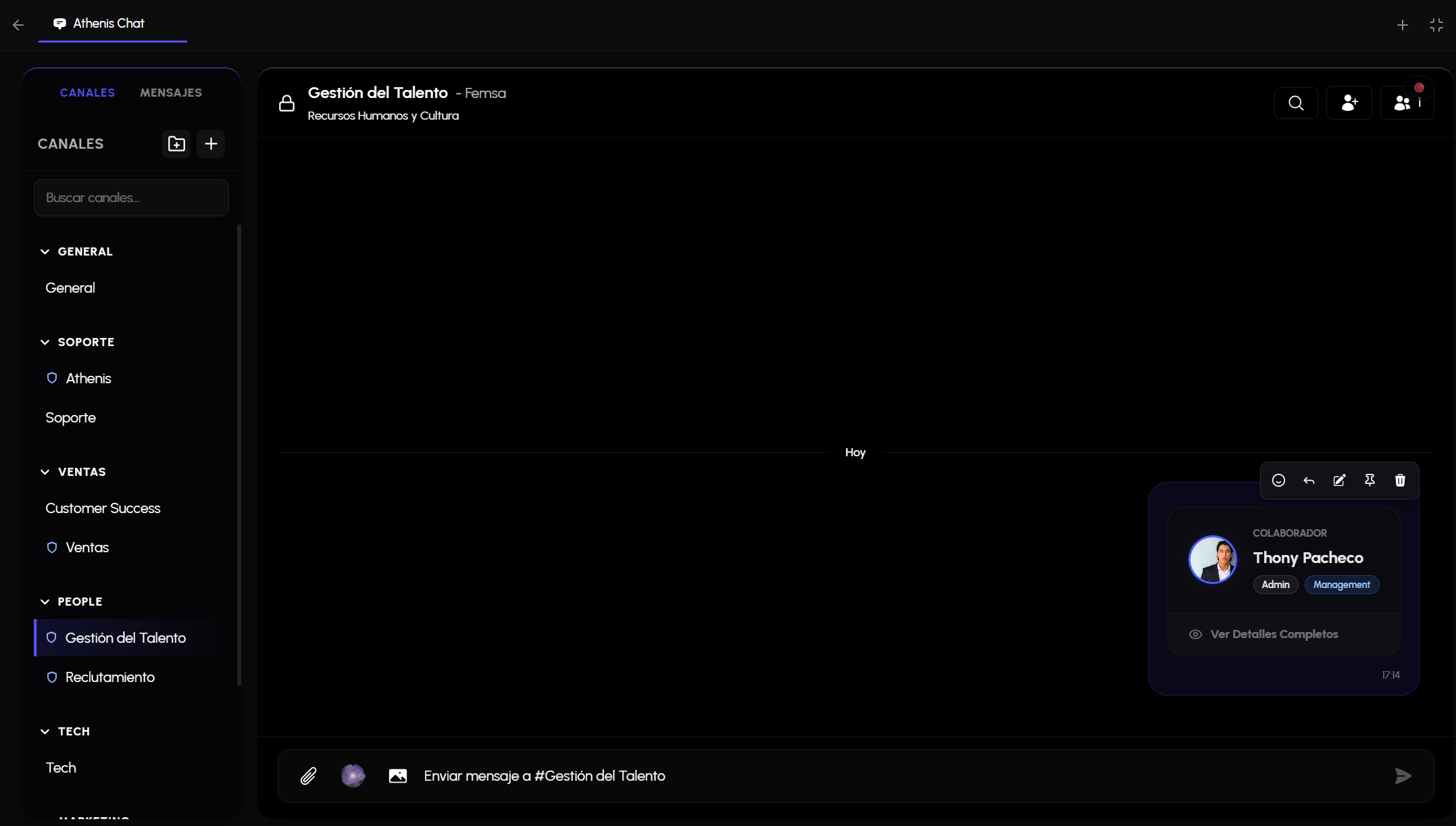 Envío de perfil del organigrama como contexto en canales de Athenis Chat