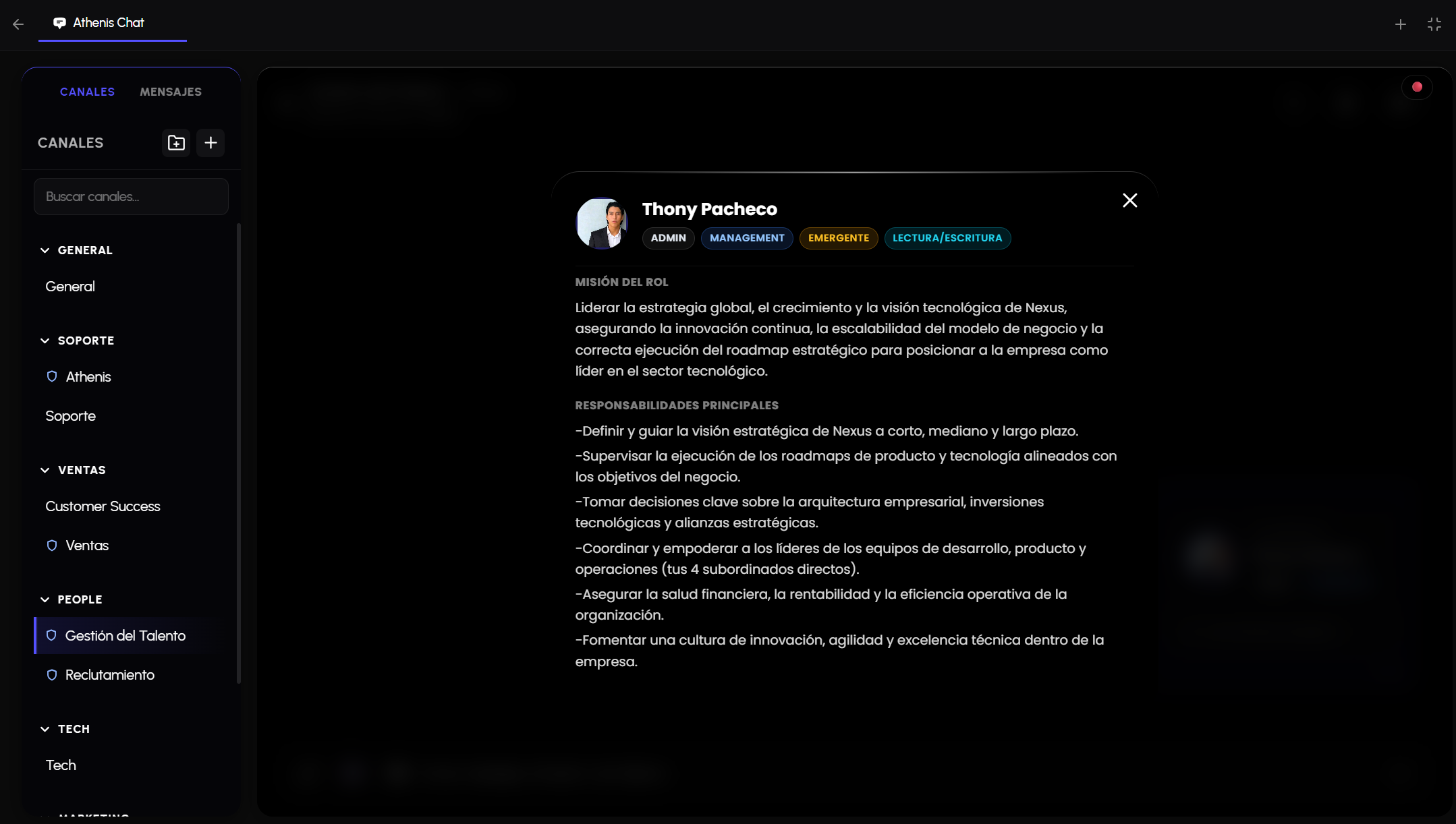 Modal con información detallada de un colaborador incluyendo misión del rol y responsabilidades