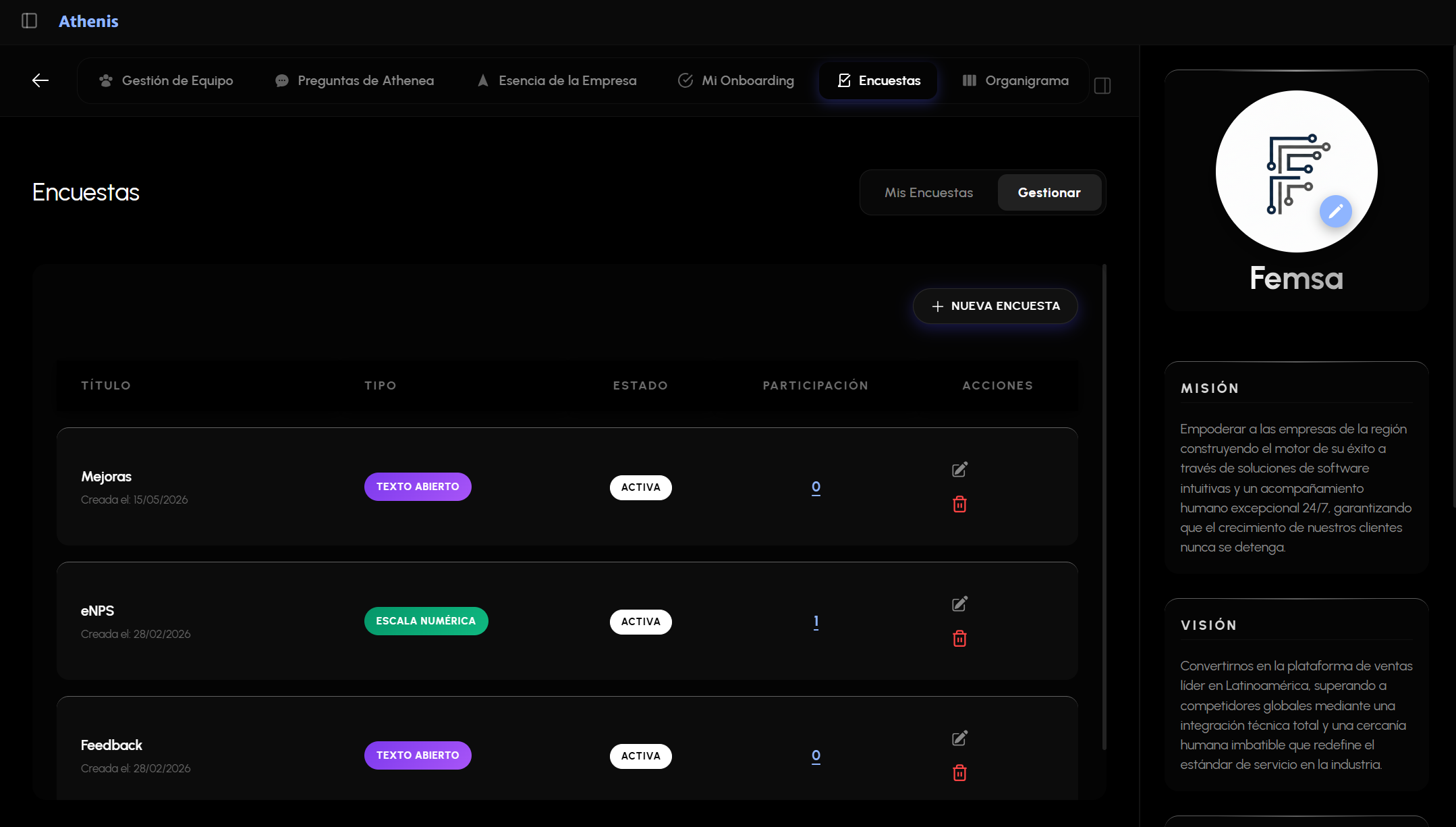 Panel de gestión y creación de encuestas activas desde el Culture Hub de ATHENIS SUITE