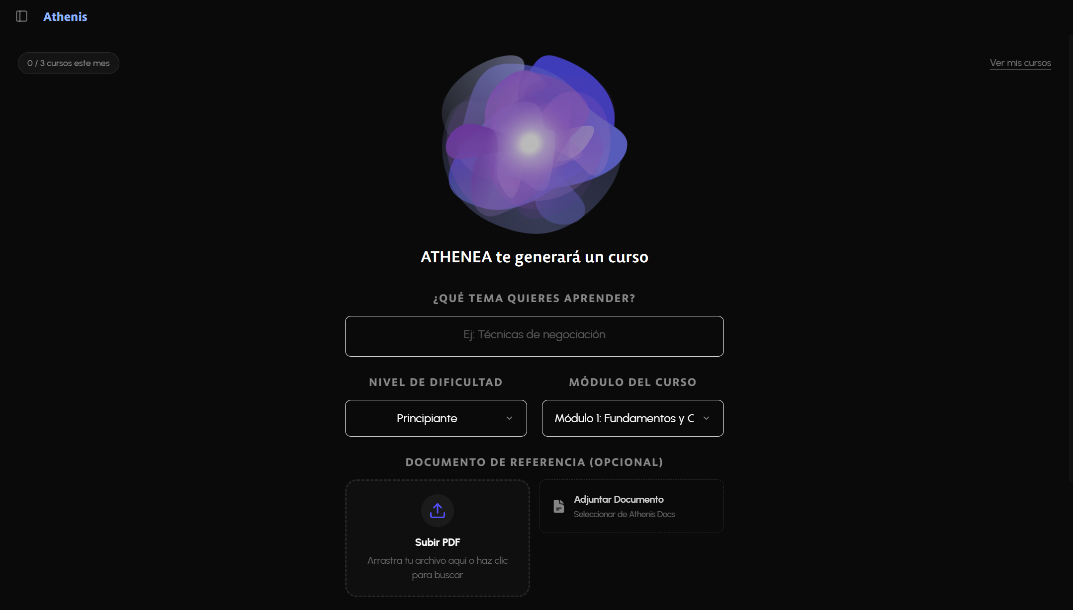 Interfaz del Creador de Cursos de ATHENIS SUITE con campos para tema, nivel, módulo y contexto