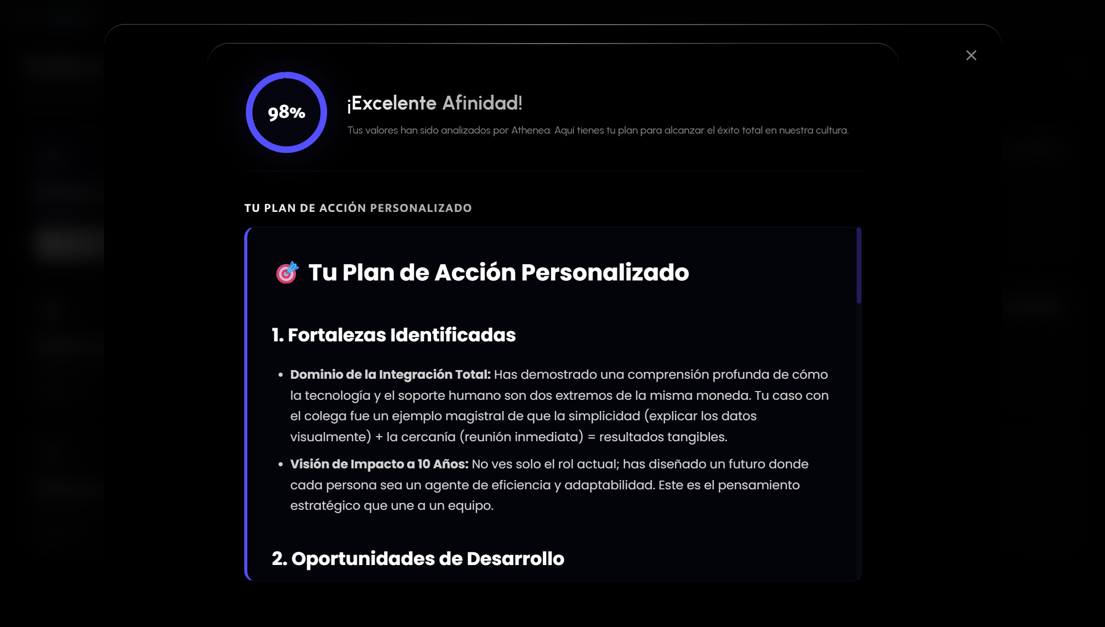 Plan de acción personalizado generado por Athenea AI para un colaborador al finalizar su sesión de cultura en ATHENIS Culture Hub
