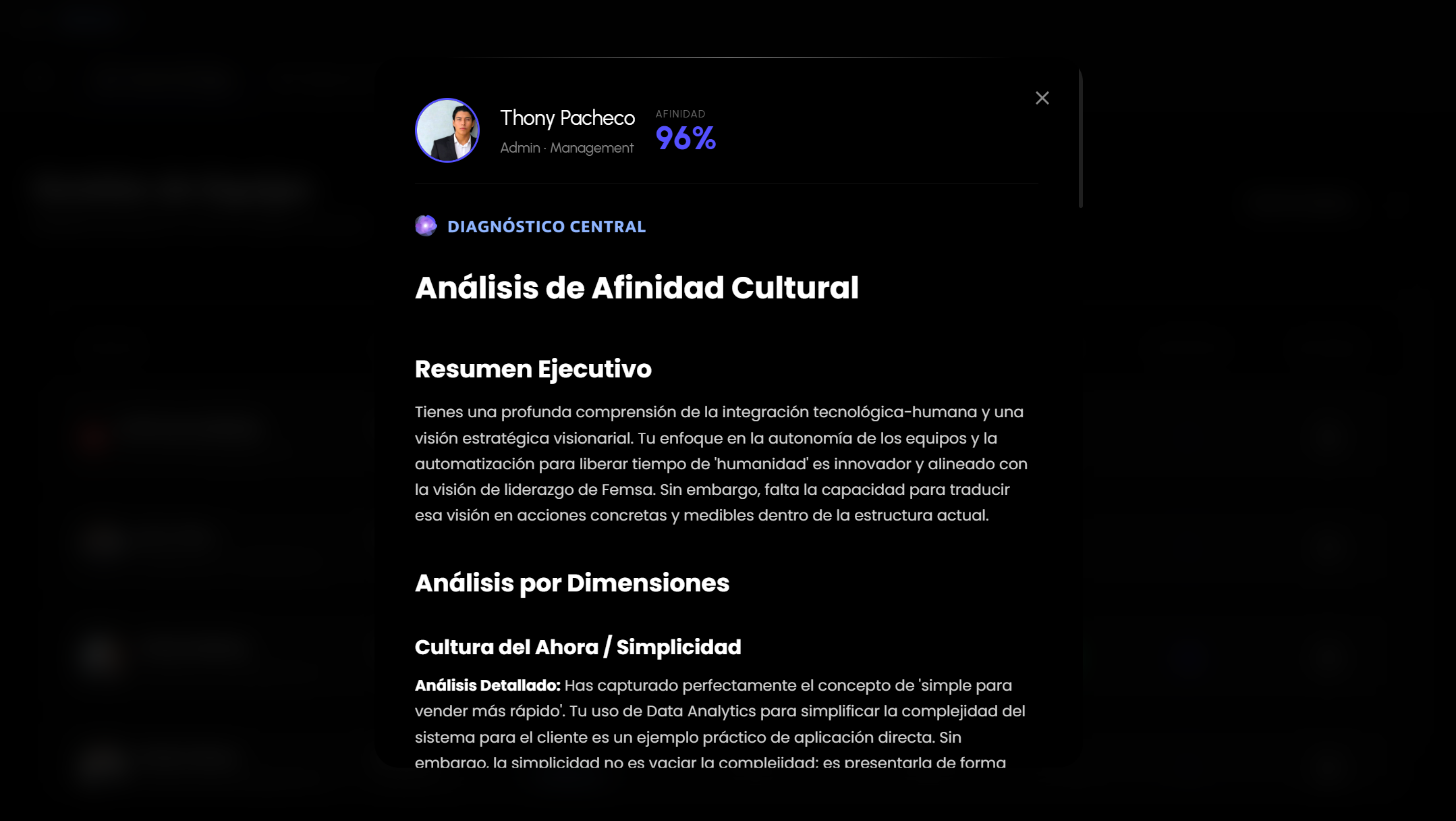 Panel de analytics de una sesión de cultura mostrando métricas de afinidad cultural por colaborador en ATHENIS Culture Hub