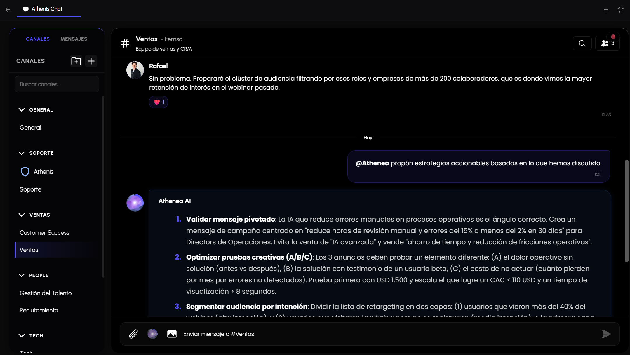 Athenea diseñando estrategias de negocio usando el contexto conversacional del canal