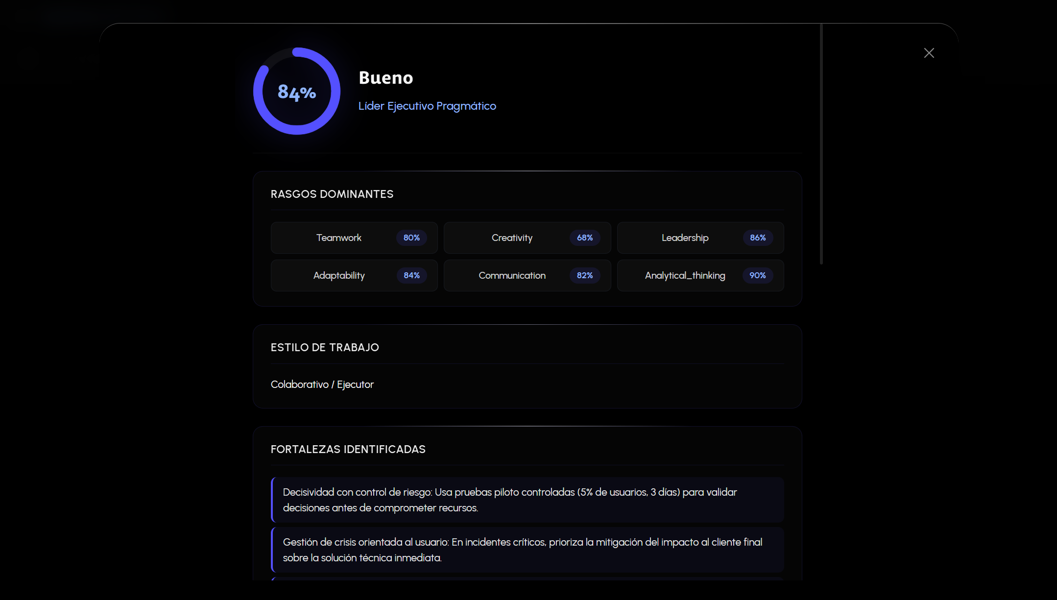 Perfil psicométrico con rasgos medidos en porcentajes exactos - Reporte de Athenea AI en Culture Hub
