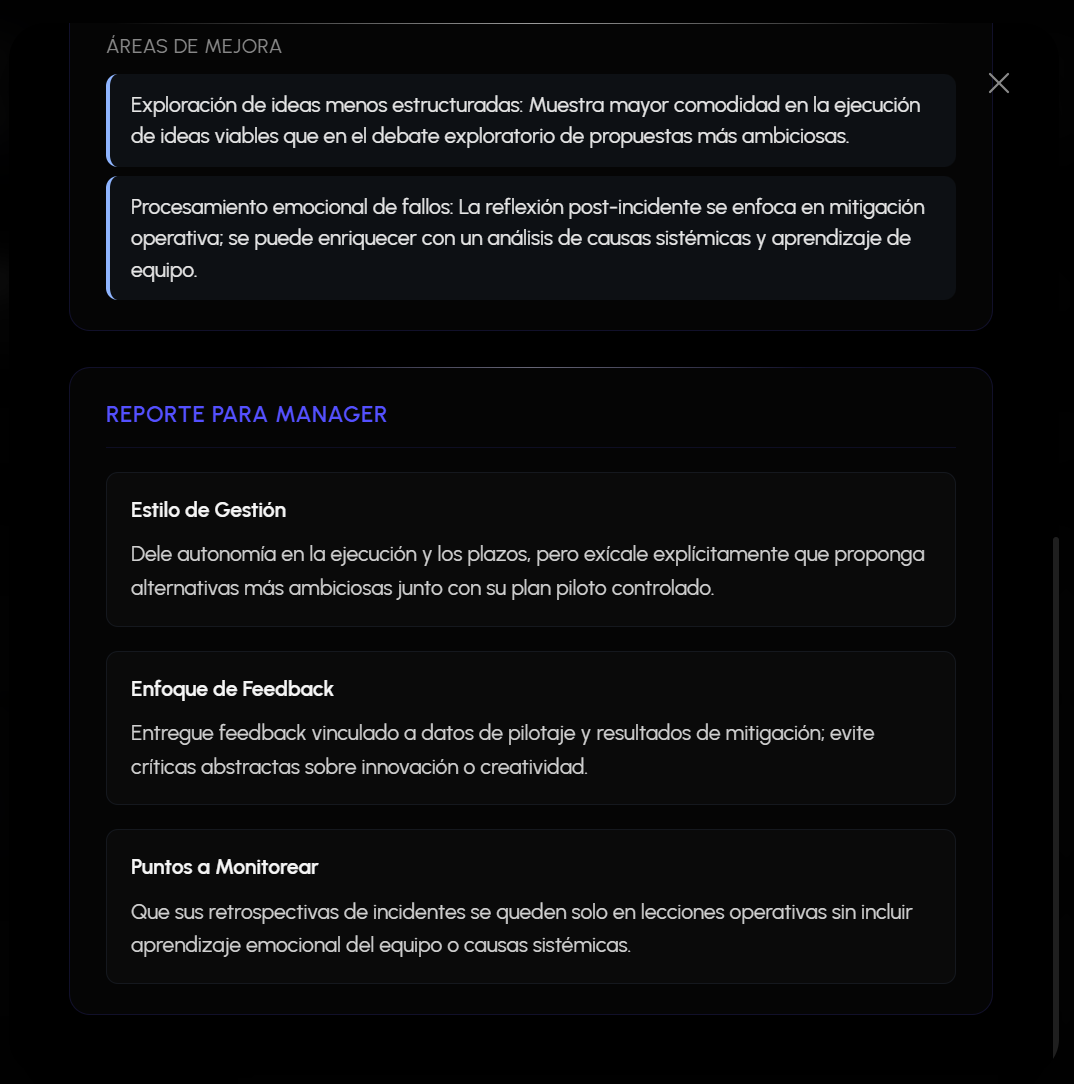 Reporte de manager con perfil psicométrico laboral y recomendaciones de gestión en ATHENIS Culture Hub