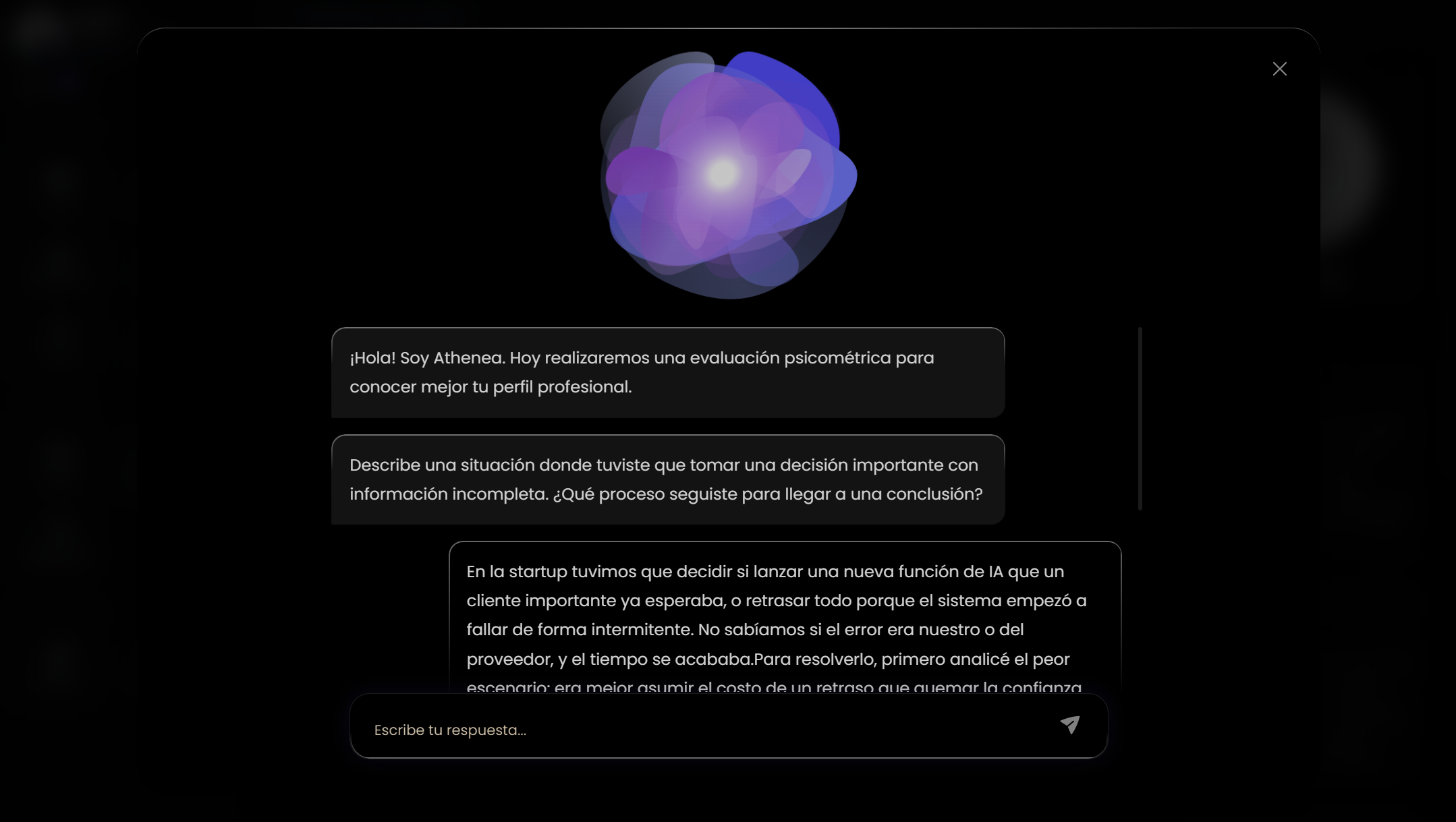 Sesión de evaluación psicométrica laboral con IA en ATHENIS Culture Hub - Entrevista de perfil psicolaboral