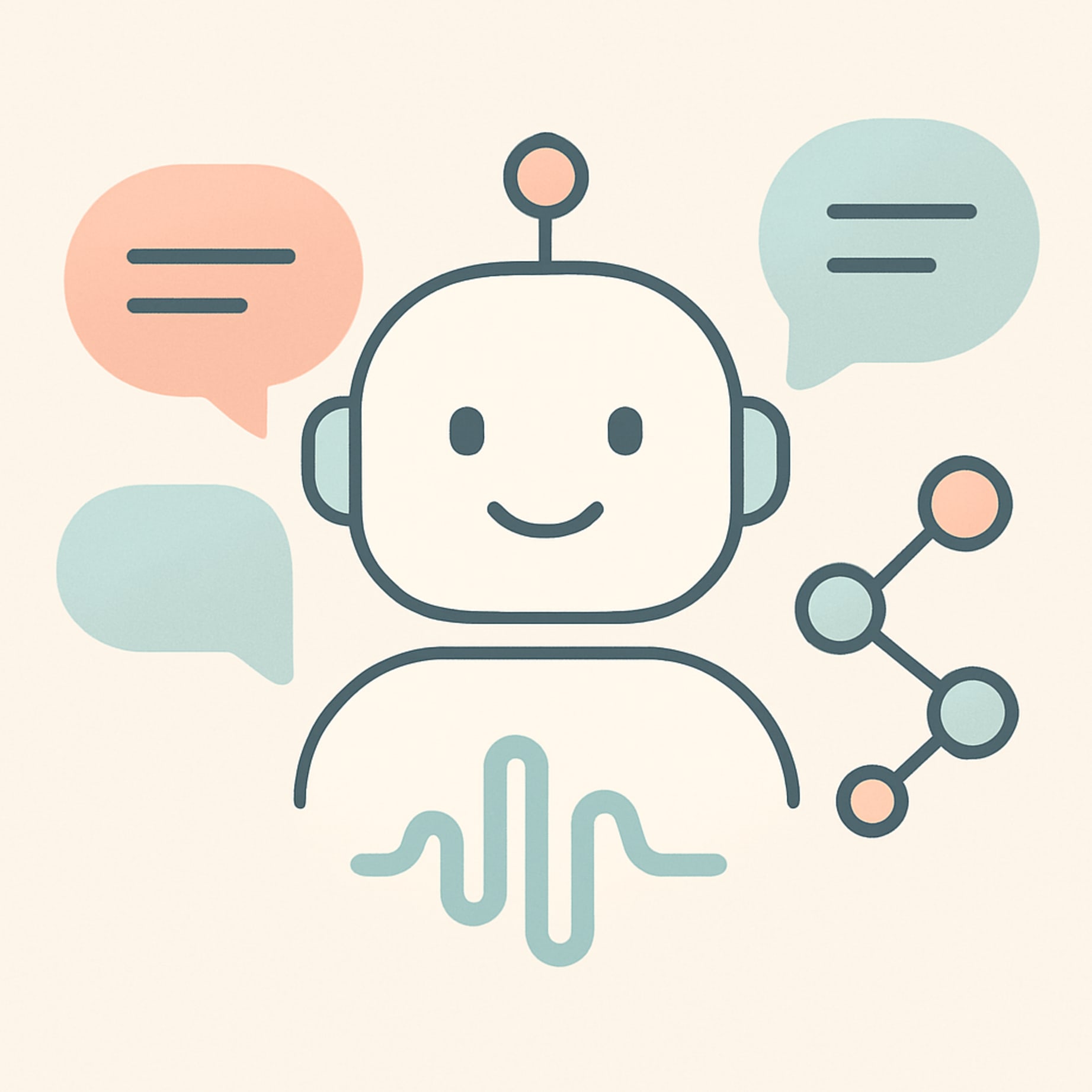 Illustration of a friendly AI chatbot with speech bubbles and network nodes, representing the comparison between ChatGPT, Claude, and Google Gemini AI assistants
