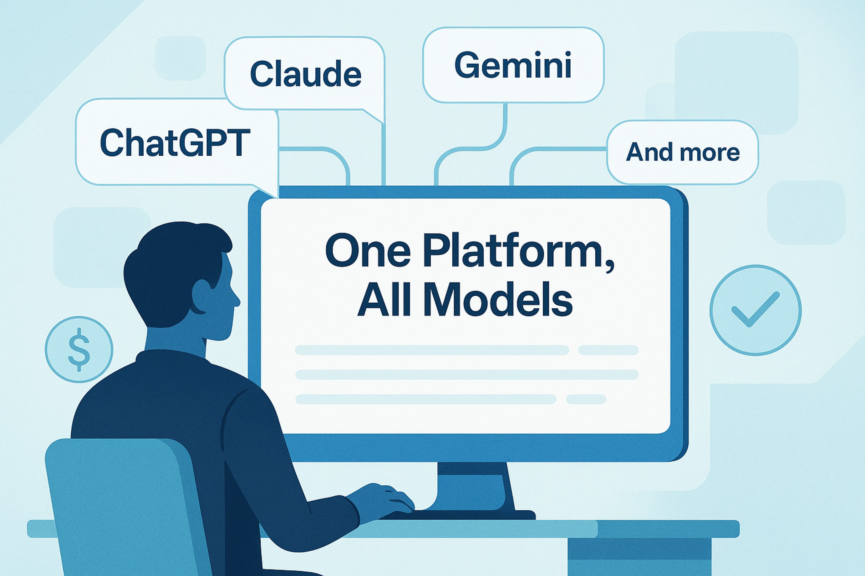 Unified AI dashboard linking ChatGPT, Claude, and Gemini with savings icons—affordable, near-free LLM access in one platform.