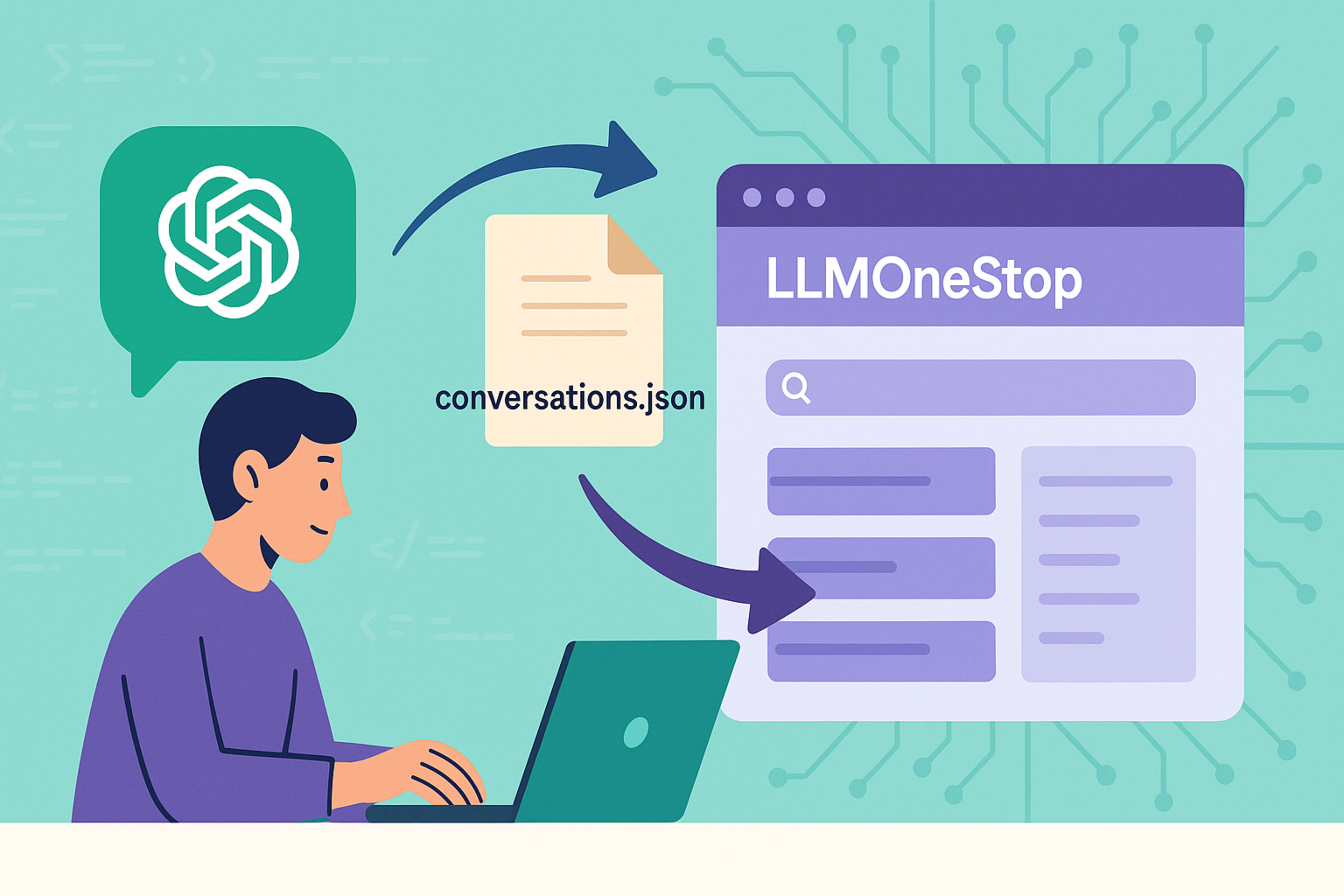 Hero graphic showing drag-and-drop import of conversations.json from ChatGPT into the LLMOneStop dashboard.