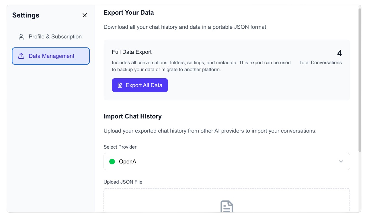 Opening LLMOneStop Settings from profile menu in sidebar