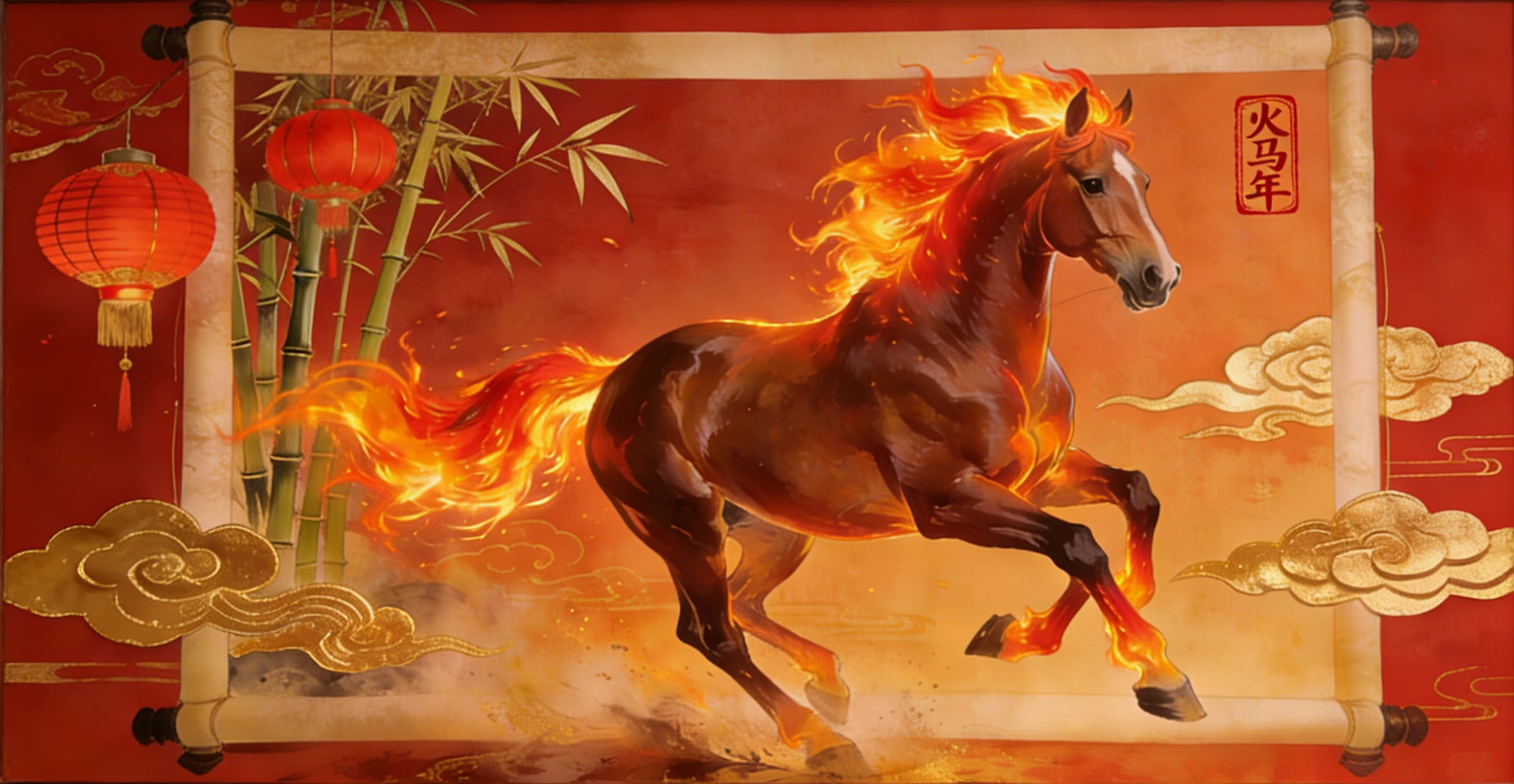 2026 Year of the Fire Horse - Illustration of a fiery horse in traditional Chinese art style
