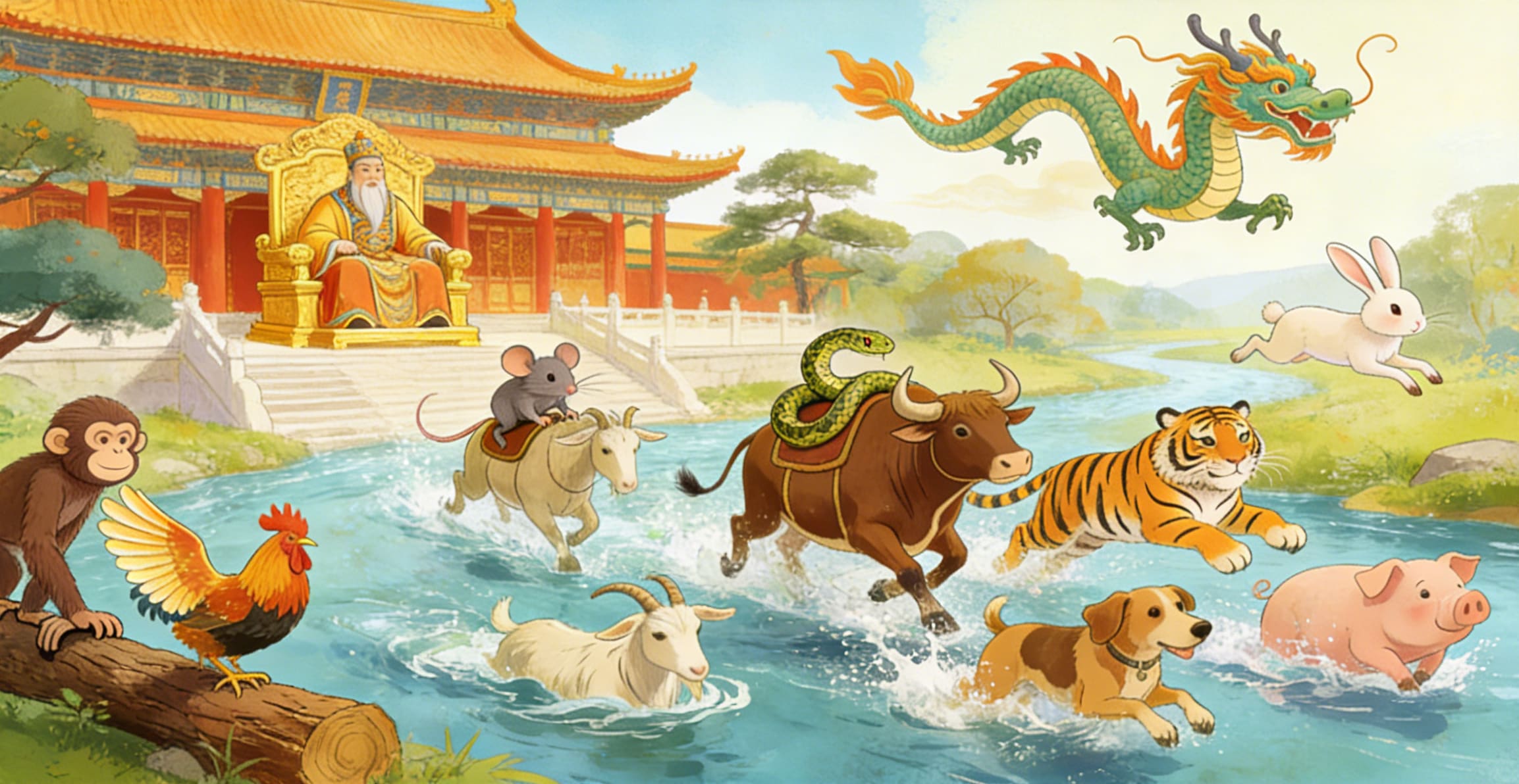 Chinese Zodiac Myth - Illustration of the Jade Emperor's race with all 12 animals crossing a river