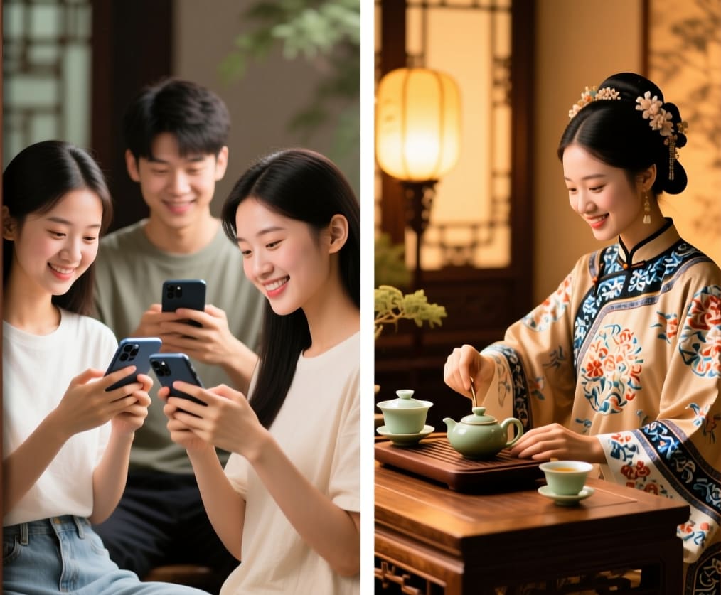 Modern Meets Traditional China - Split image showing young Chinese using smartphones alongside traditional tea ceremony