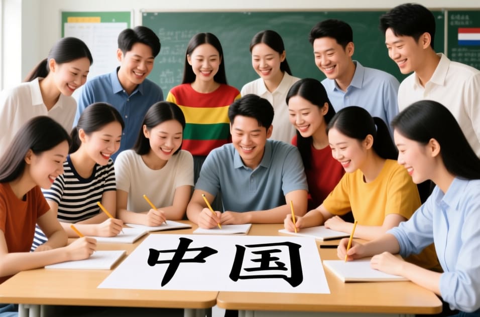 Mandarin benefits hero image showing diverse people learning Chinese characters