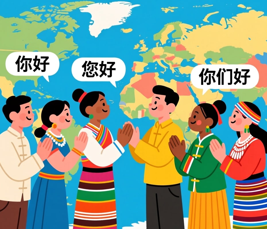 People from different countries greeting each other in Mandarin