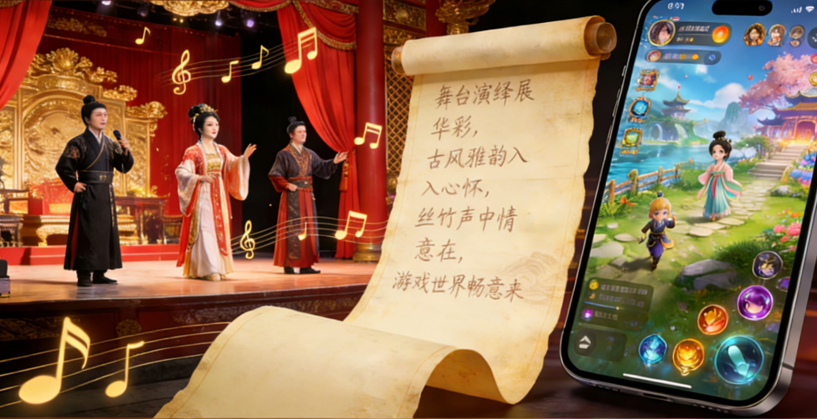 Collage of Chinese entertainment - drama, music, poetry and gaming