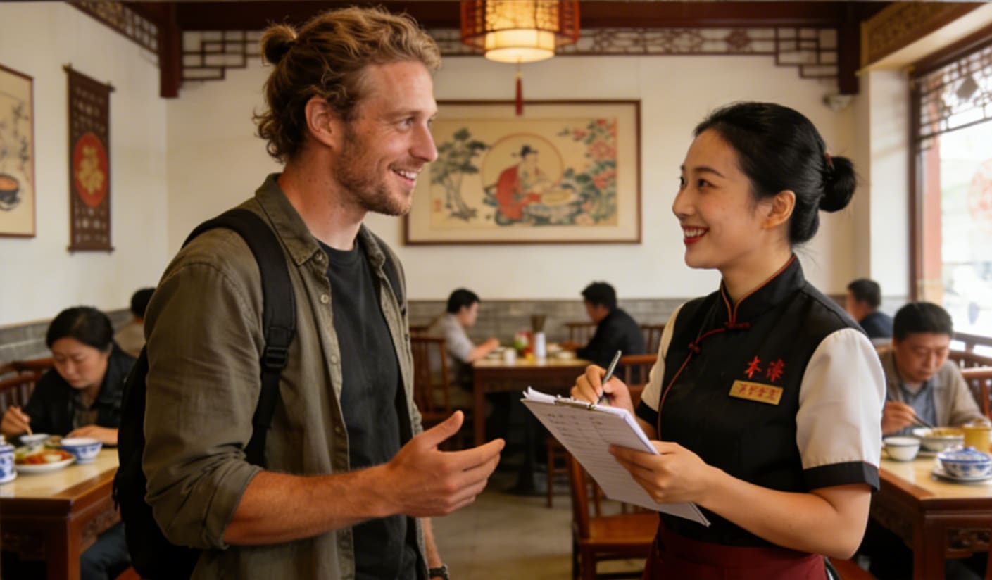Foreign traveler using Mandarin to order food at a local restaurant