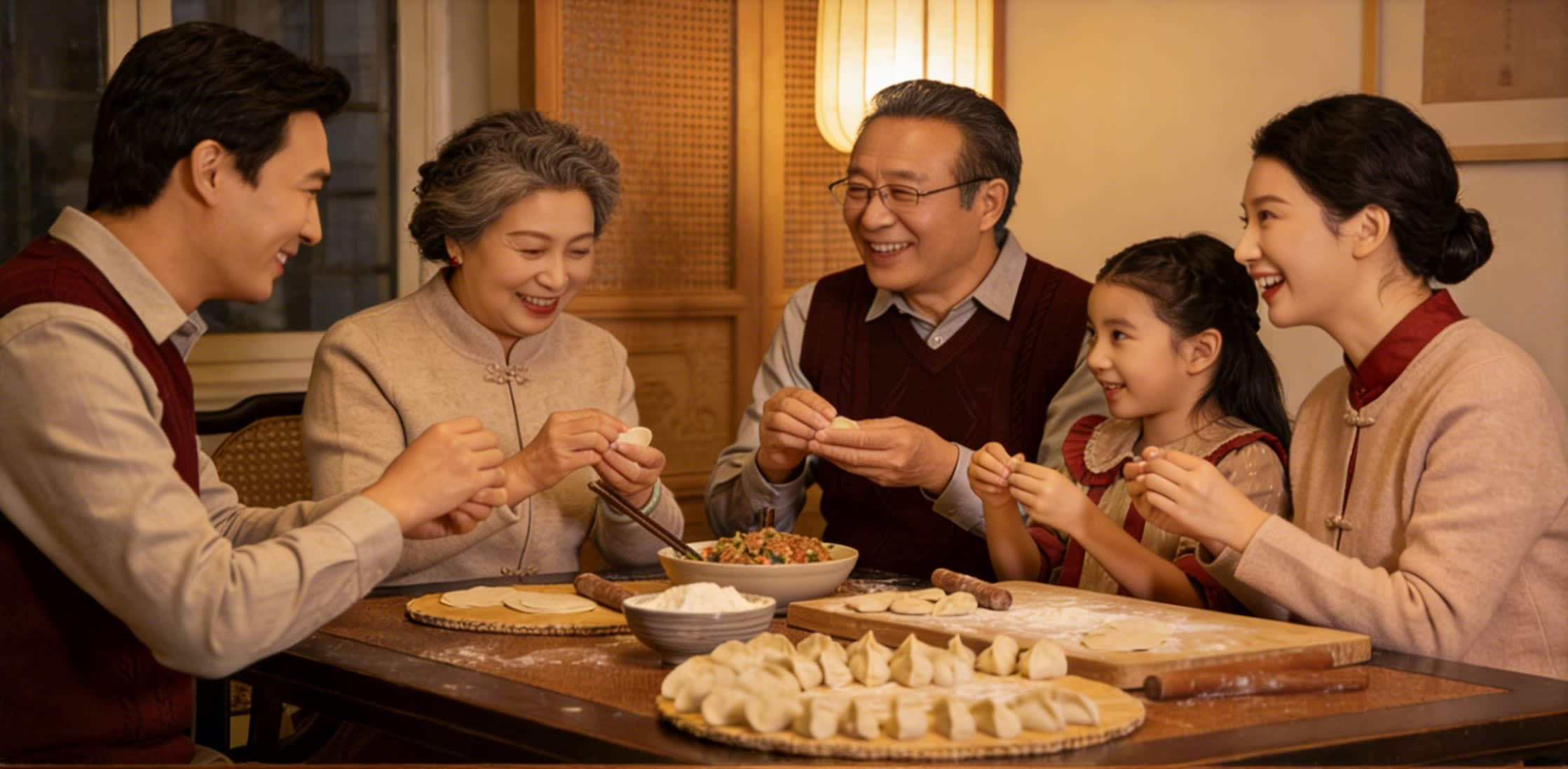 family members sitting around a table making dumplings together