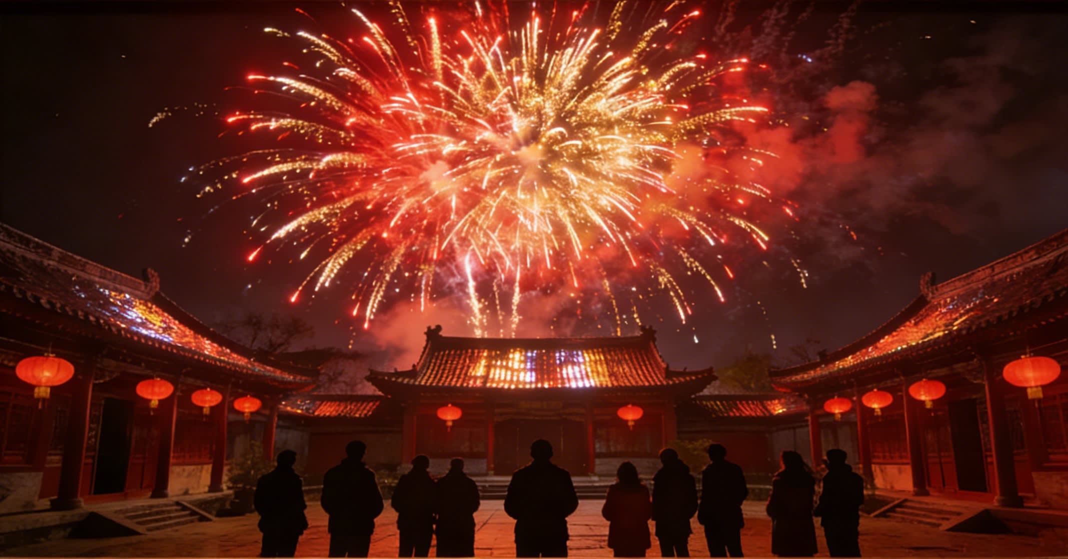 fireworks lighting up the sky over traditional Chinese buildings