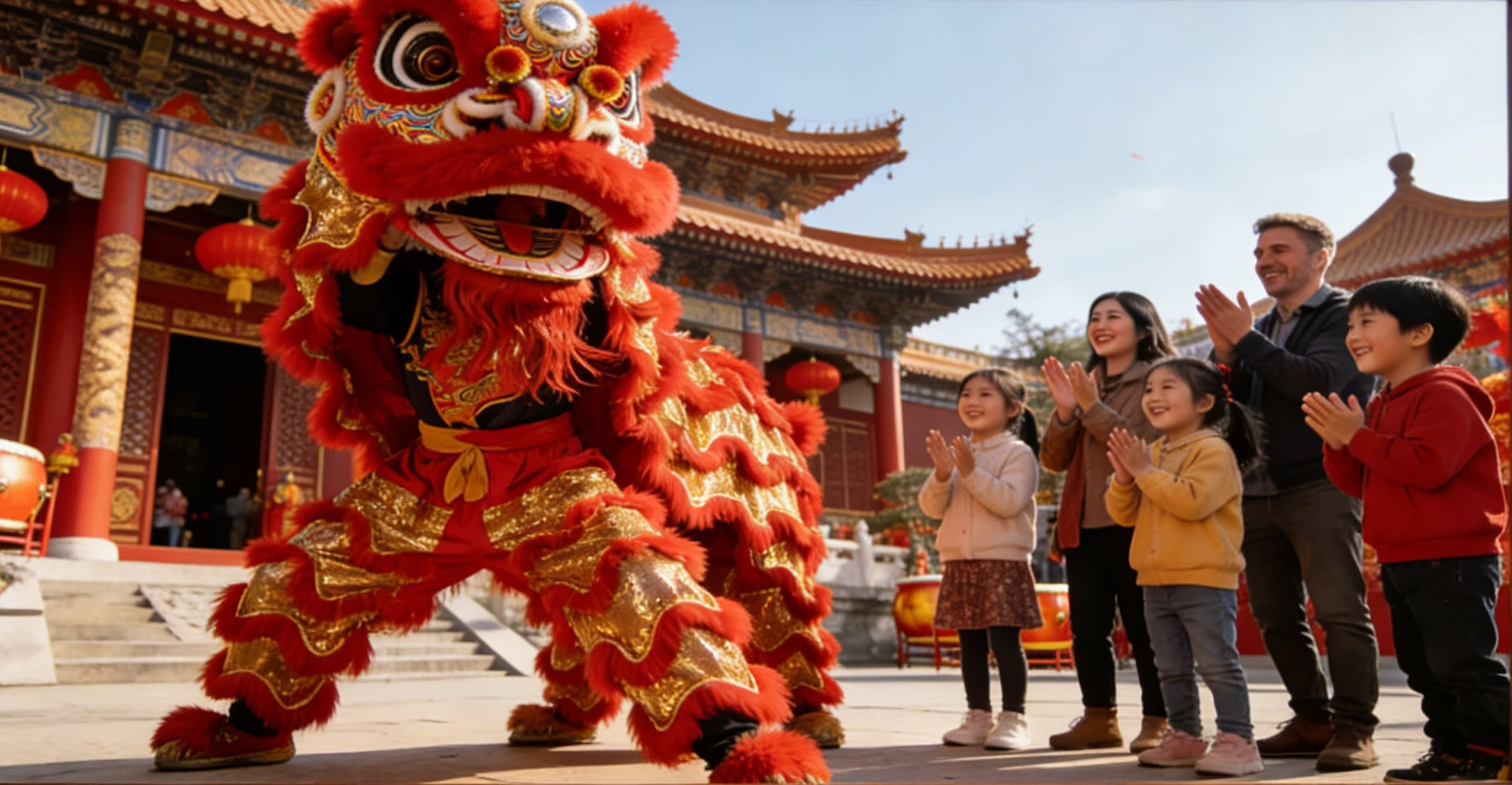 lion dance performance with red and gold costume in front of a temple