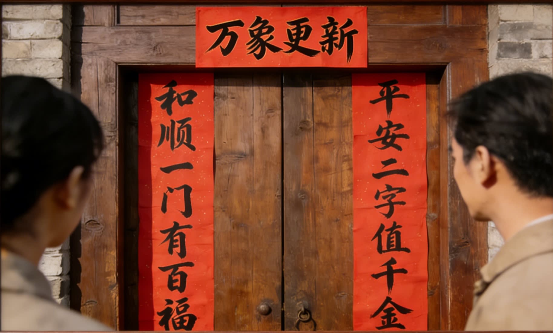 traditional red couplets pasted on a wooden door with calligraphy