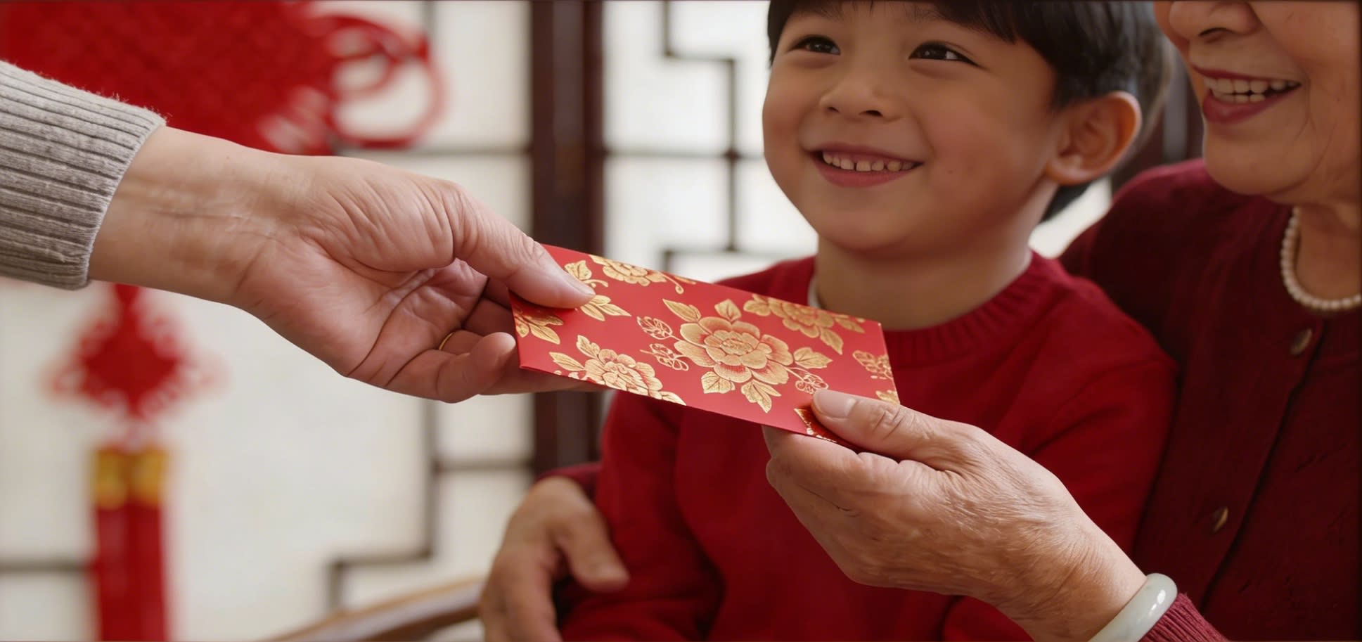 red envelopes being exchanged between family members, red and gold designs visible