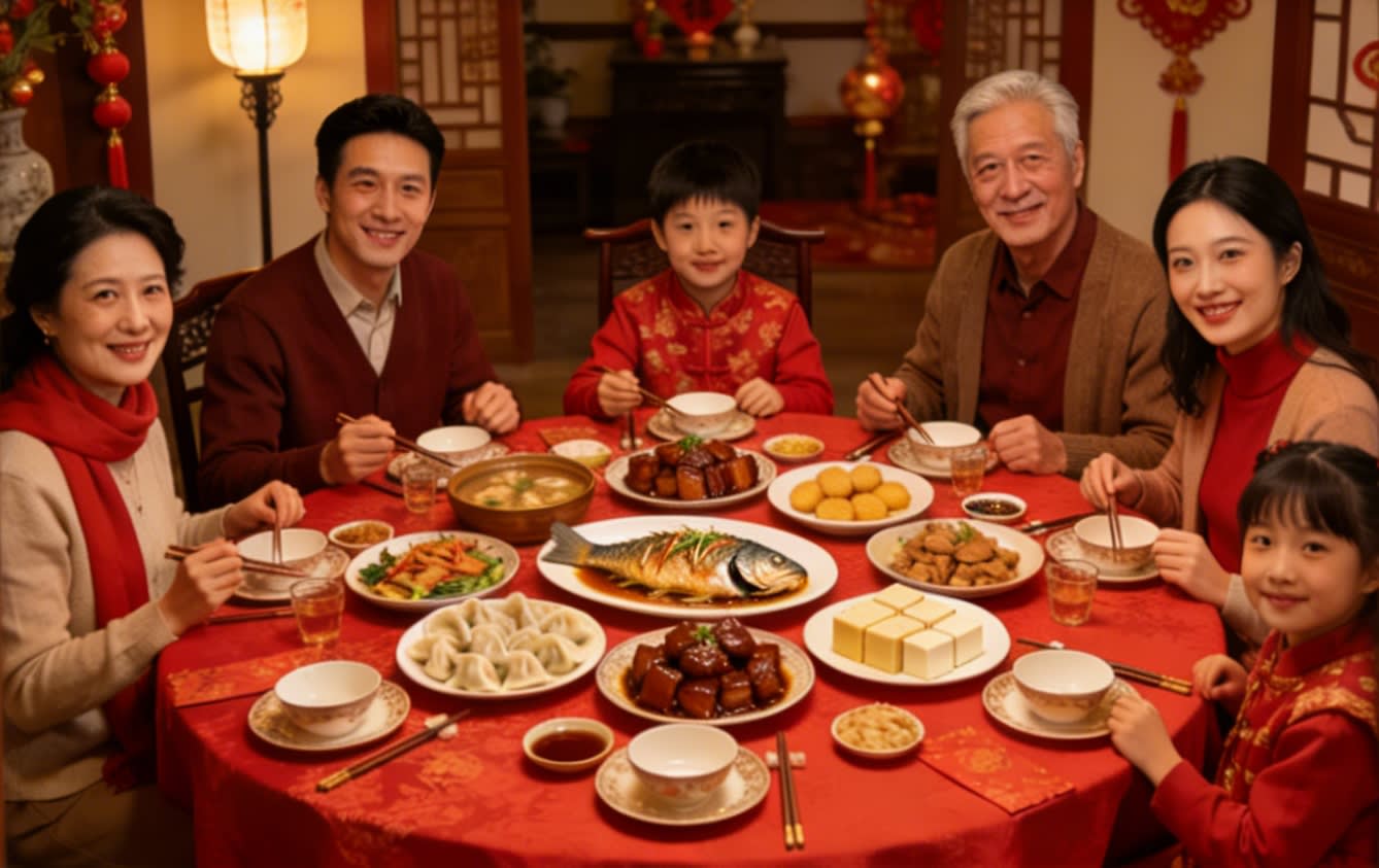 traditional Chinese New Year reunion dinner with various dishes on a round table