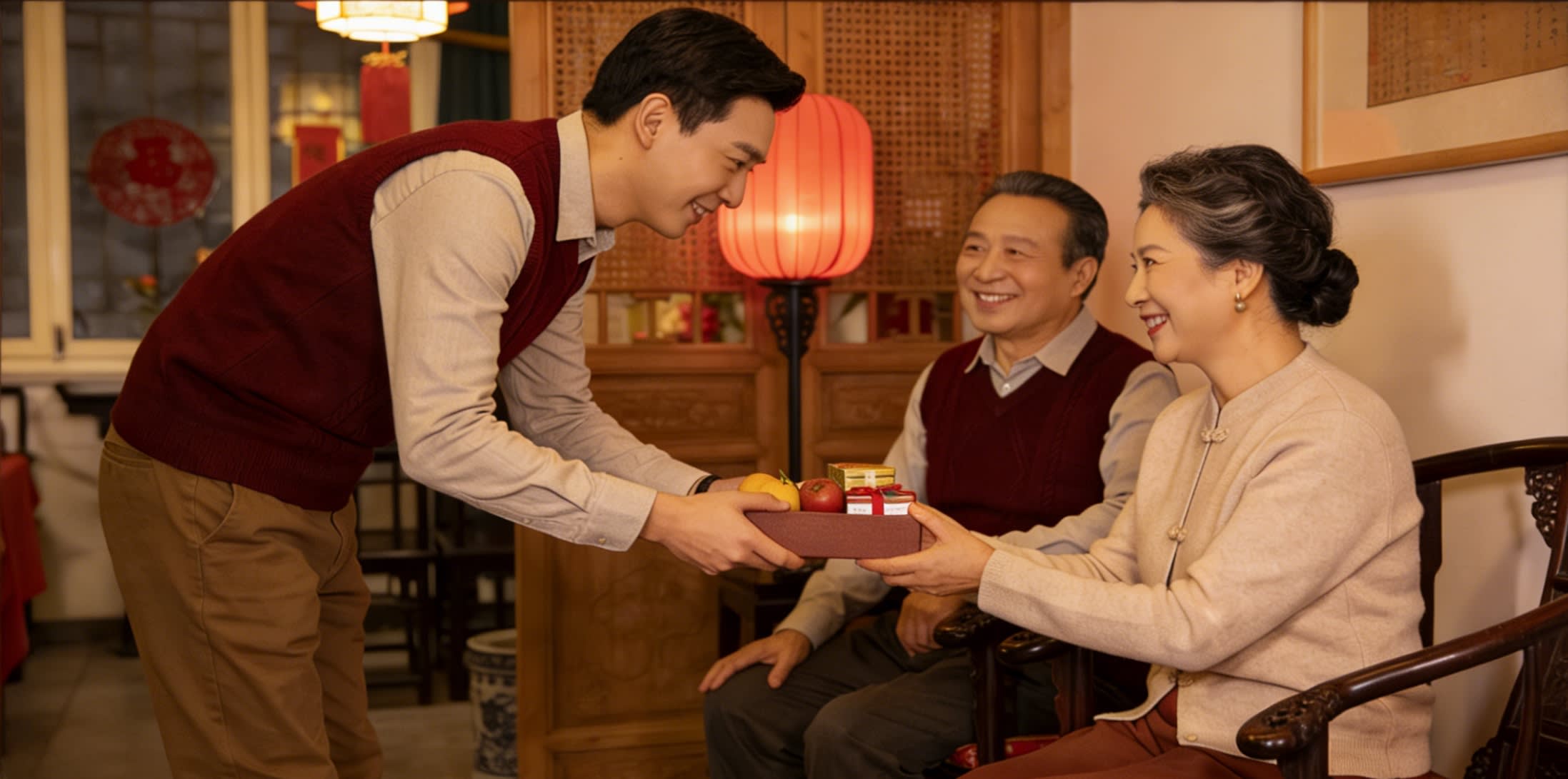 younger family members greeting elderly relatives with respect