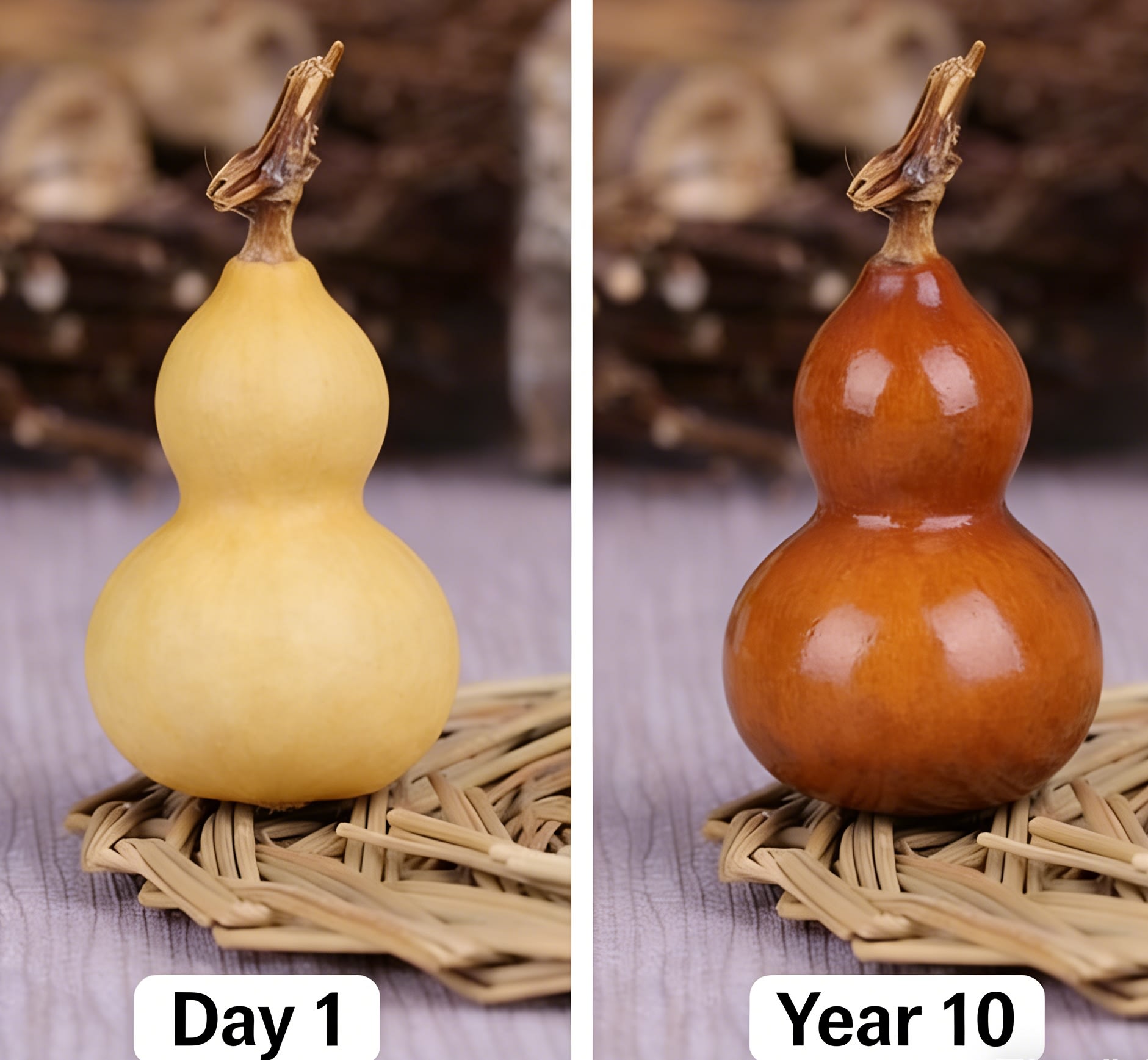 A detailed comparison between a new gourd and a 10-year aged Hulu