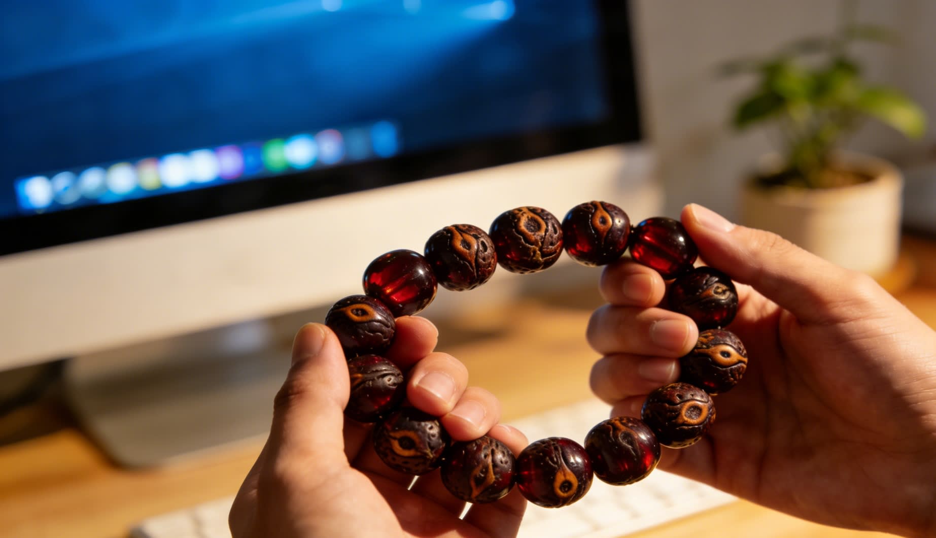 Close-up of hands polishing a string of dark, aged Bodhi beads