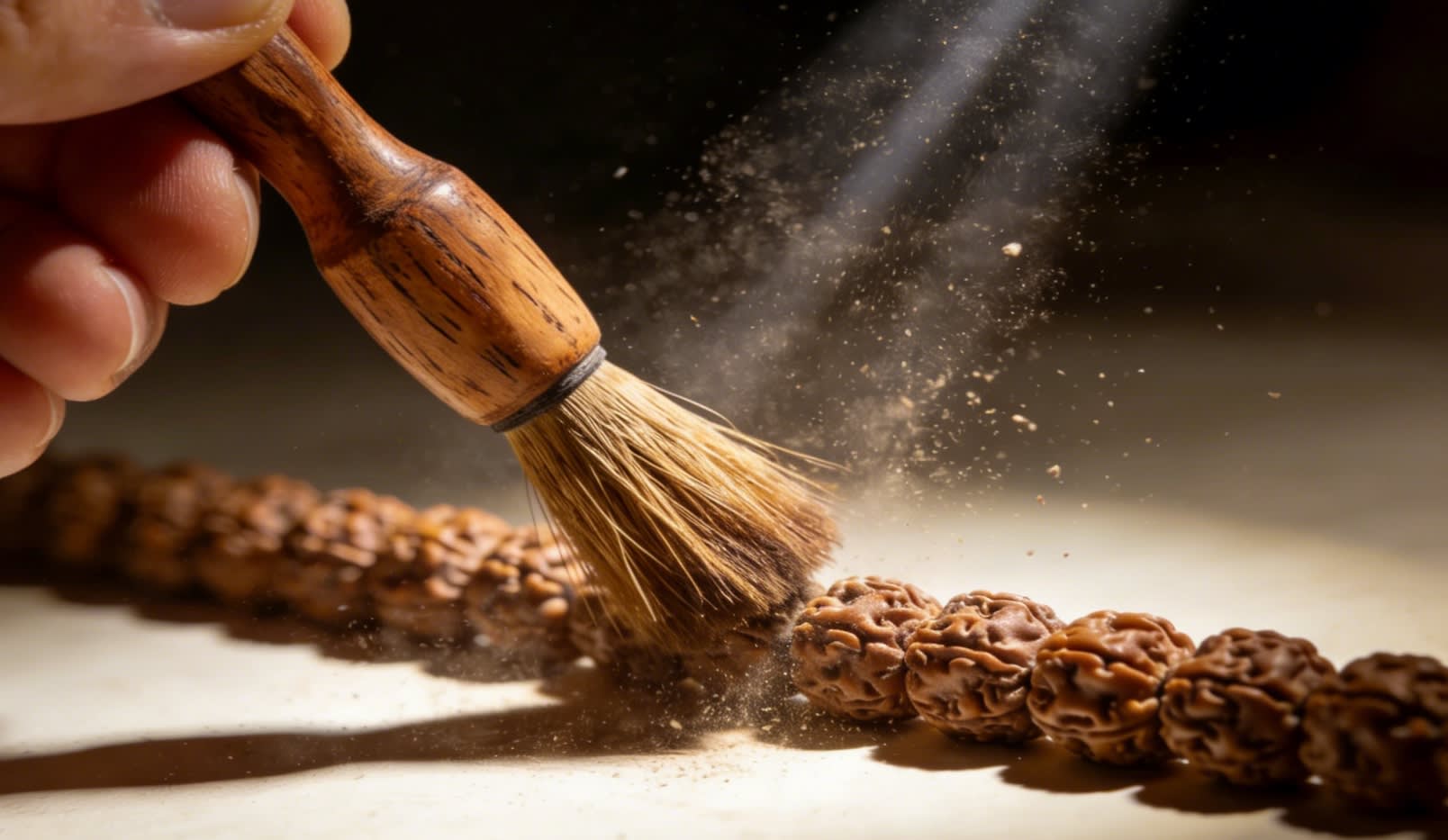 Close-up of a person using a specialized Wenwan brush on a string of beads