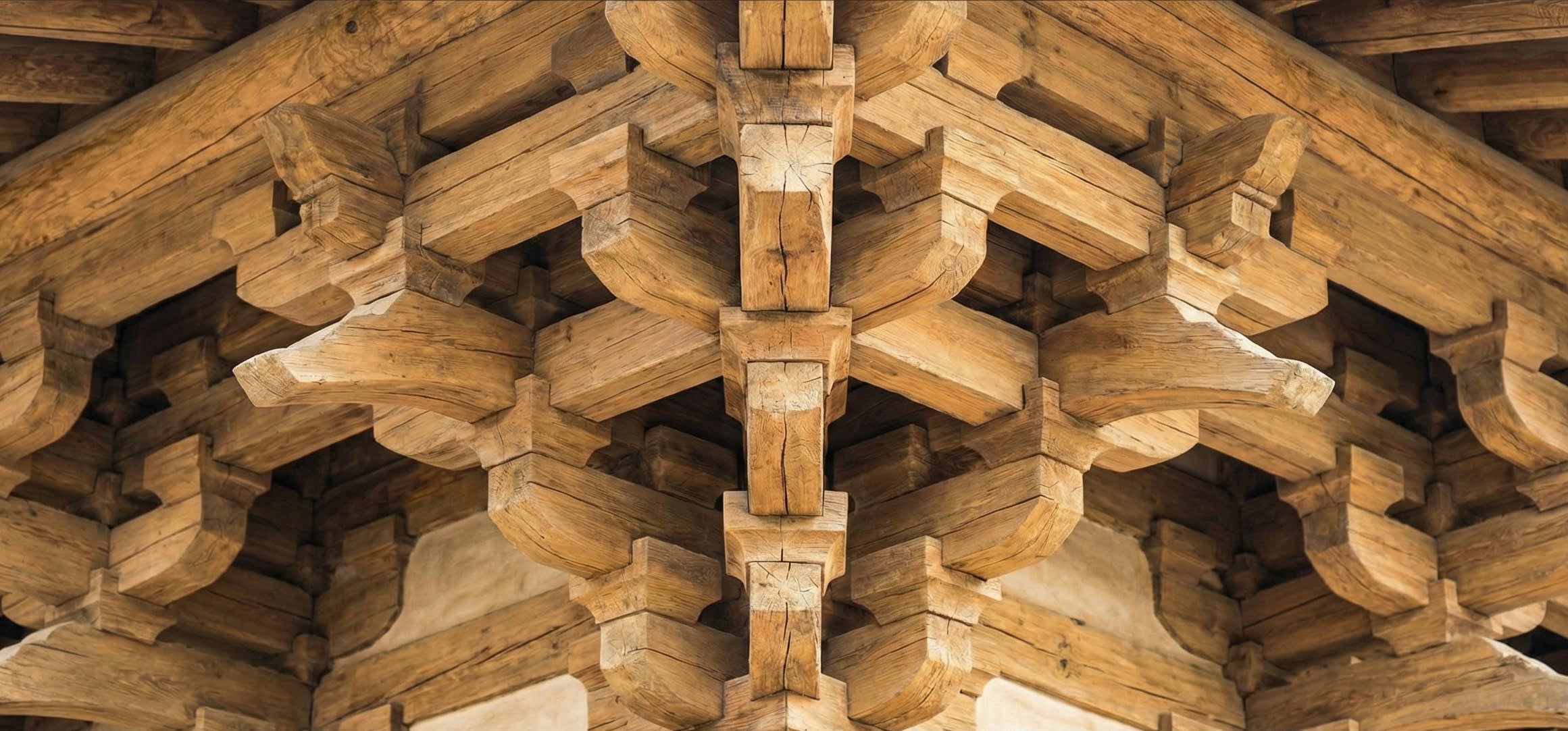 Close-up of the complex Dougong bracket system in a Tang dynasty hall