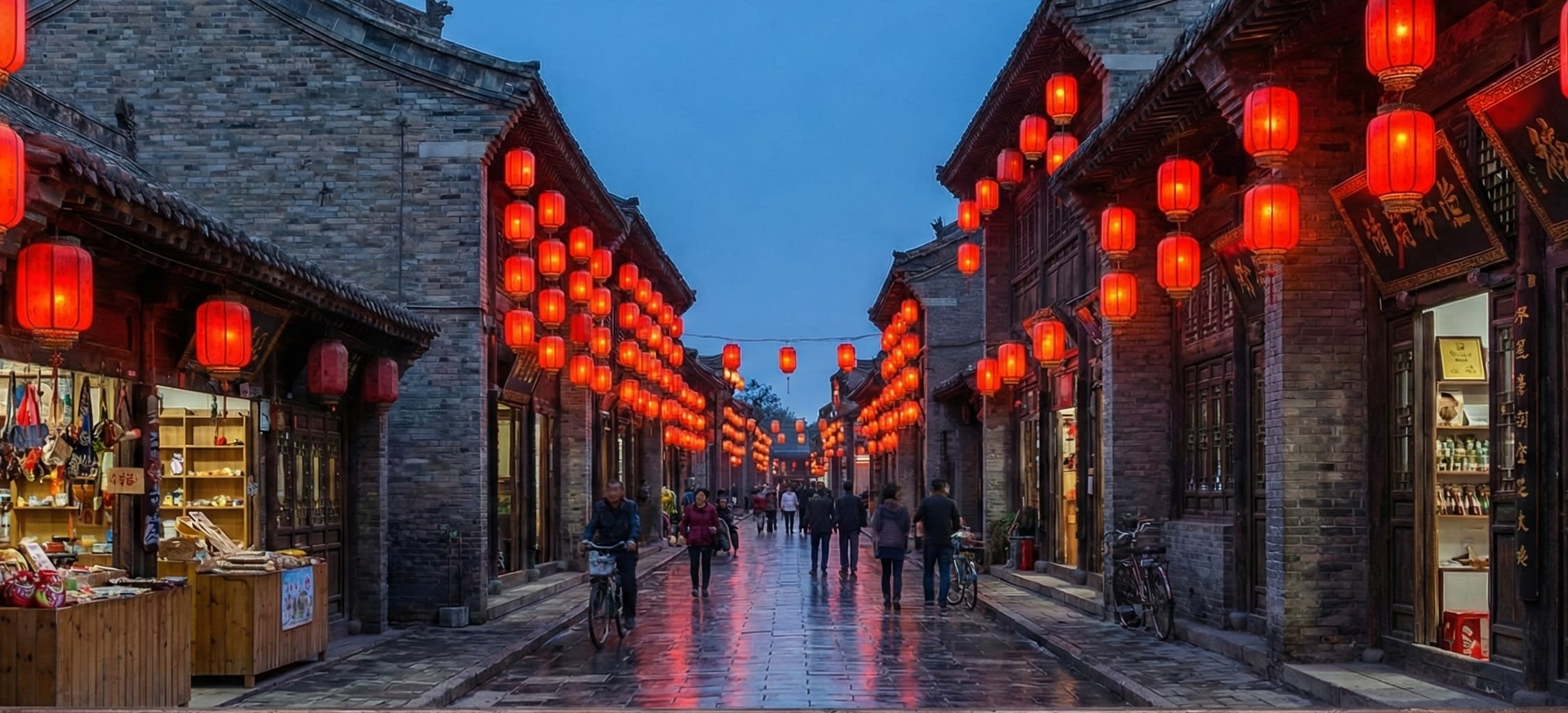 A traditional street in Pingyao Ancient City with red lanterns