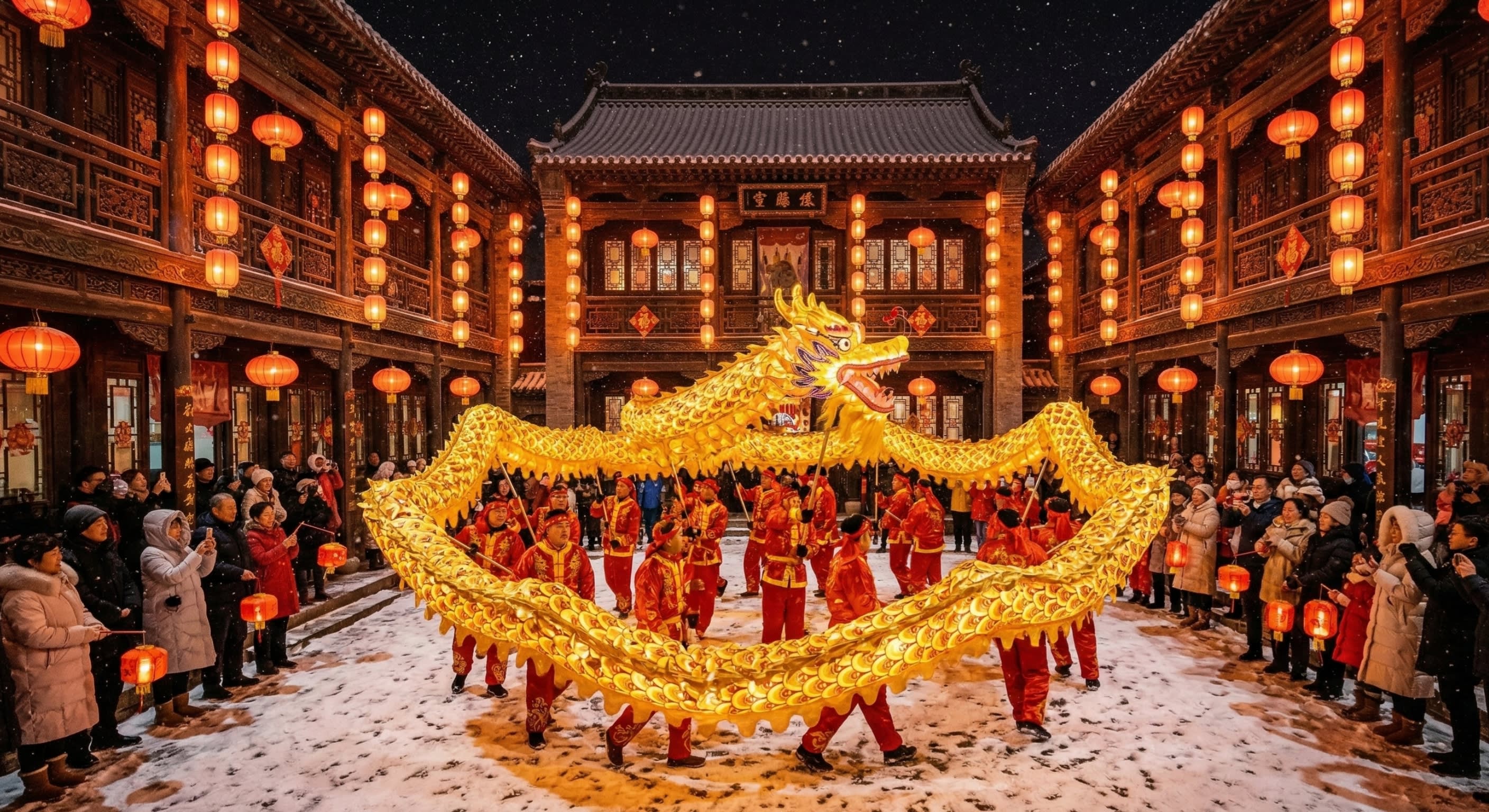 Hero Image - A breathtaking glowing golden dragon dance moving through a snowy traditional Chinese courtyard at night, illuminated by red lanterns