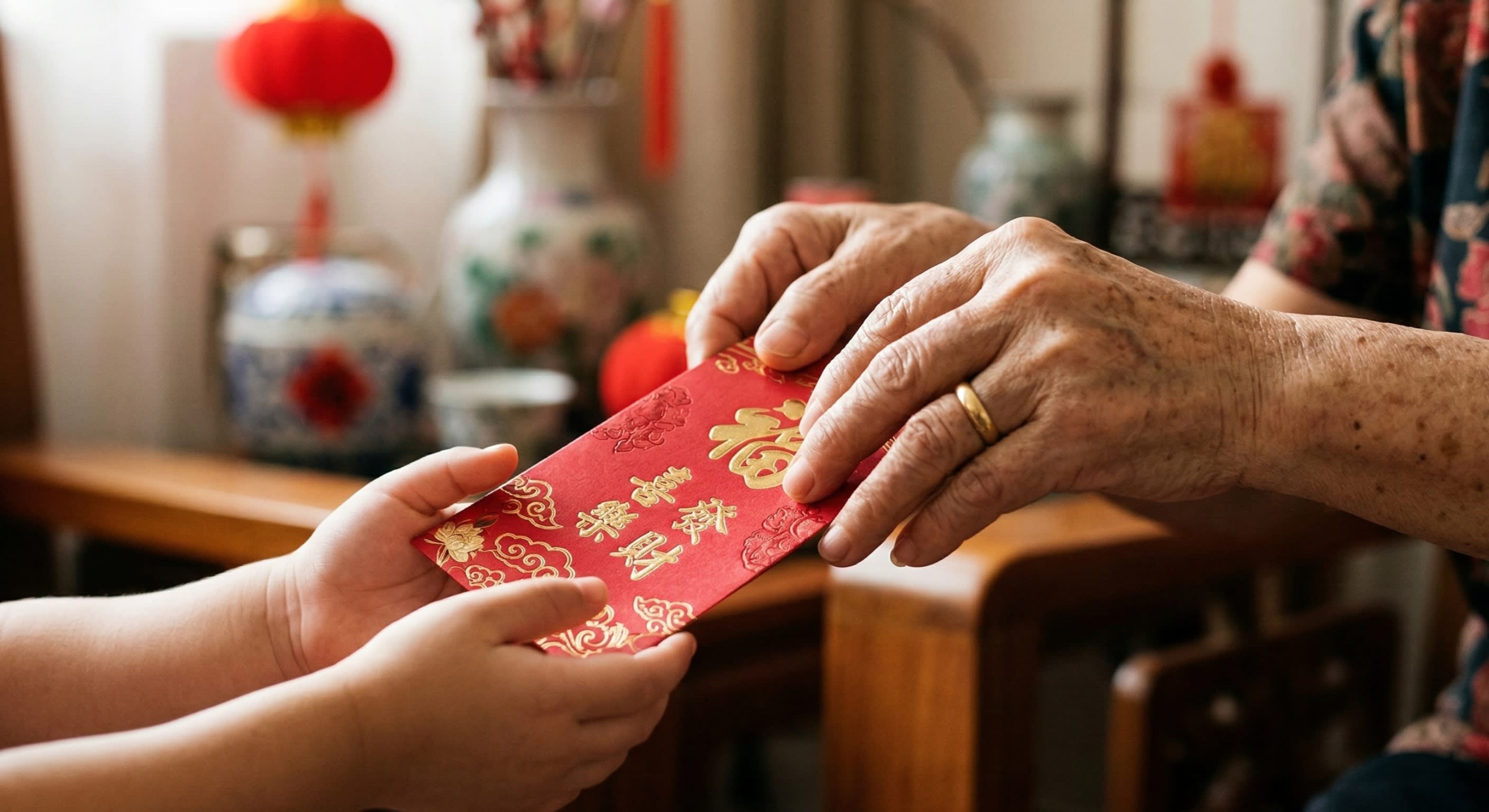 An elderly pair of hands giving a beautifully decorated red envelope to a child