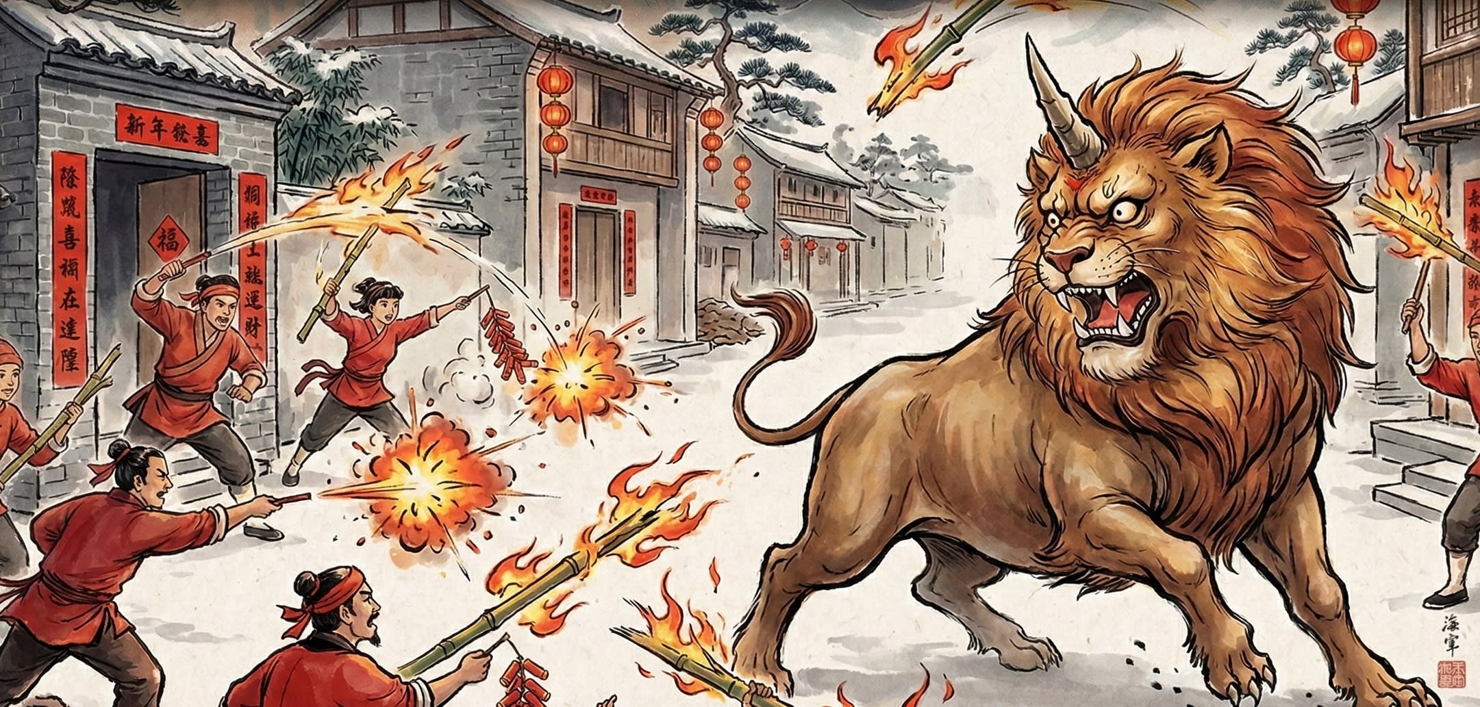 A traditional Chinese ink painting of villagers chasing away the mythical Nian monster with firecrackers and red banners