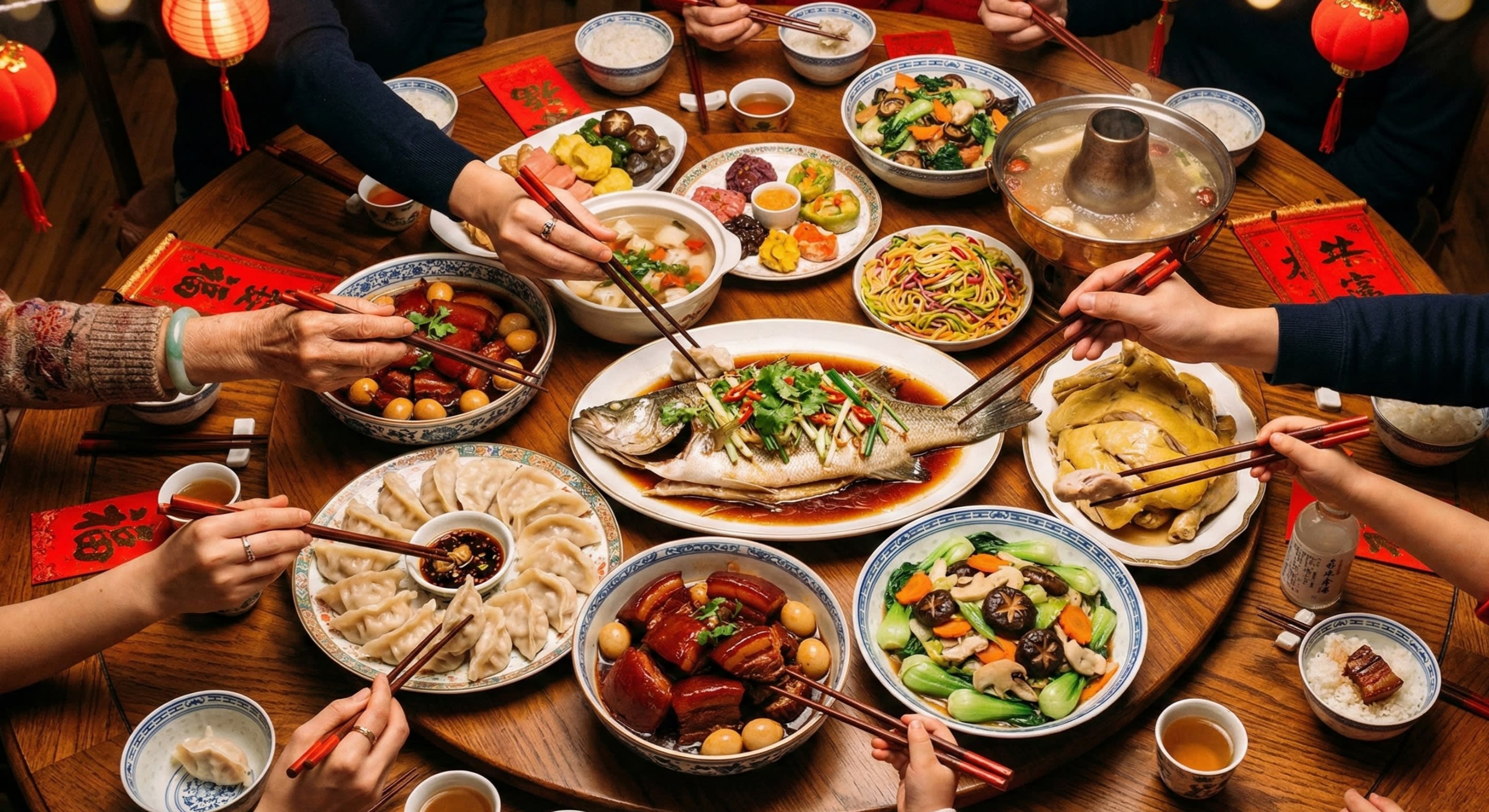 A warm overhead shot of a large round table filled with traditional Chinese New Year dishes and a whole steamed fish