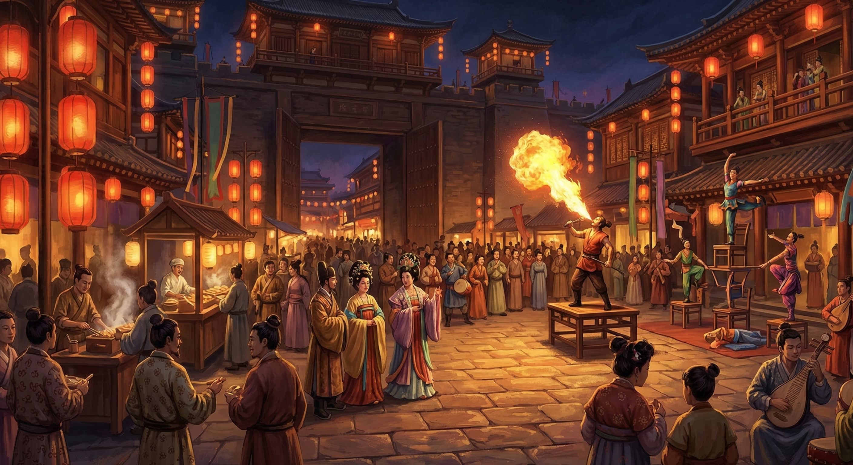 A stylized digital painting of a Tang Dynasty Chinese city street at night with crowds freely mixing under the glow of giant red lanterns