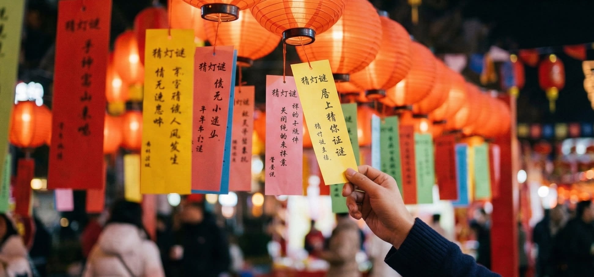 A vibrant shot of colorful rectangular paper slips with calligraphy hanging from glowing traditional red lanterns